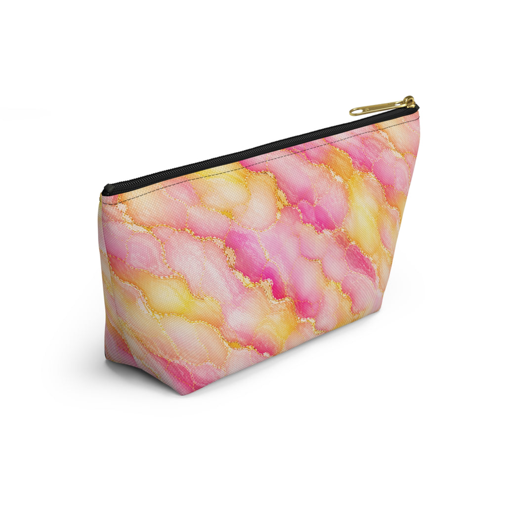 Trousse de Maquillage en Marbre Aquarelle Rose et Or – Sac à Accessoires à Fond Plat