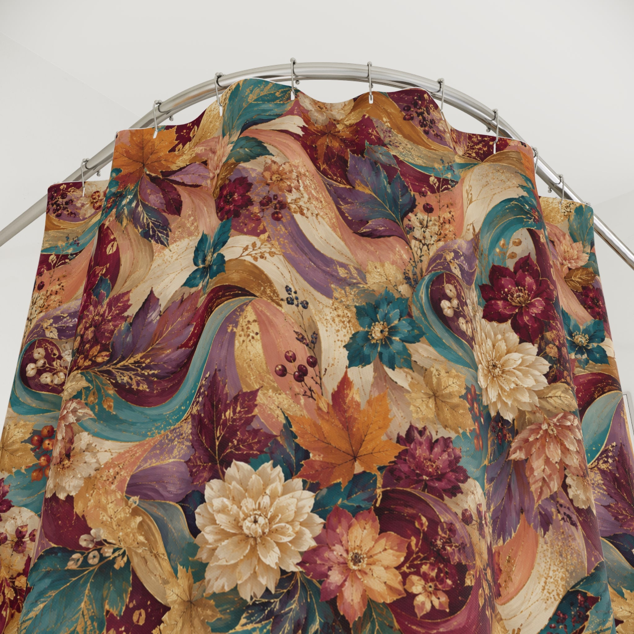 Autumn Floral Shower Curtain — Vintage Boho Leaves & Blooms Bathroom Decor