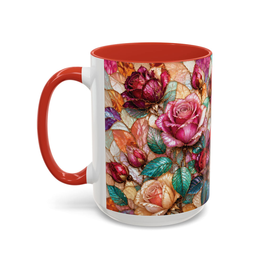 Floral Stained-Glass Accent Coffee Mug Colorful Rose Pattern (11/15 oz) Gift for Her