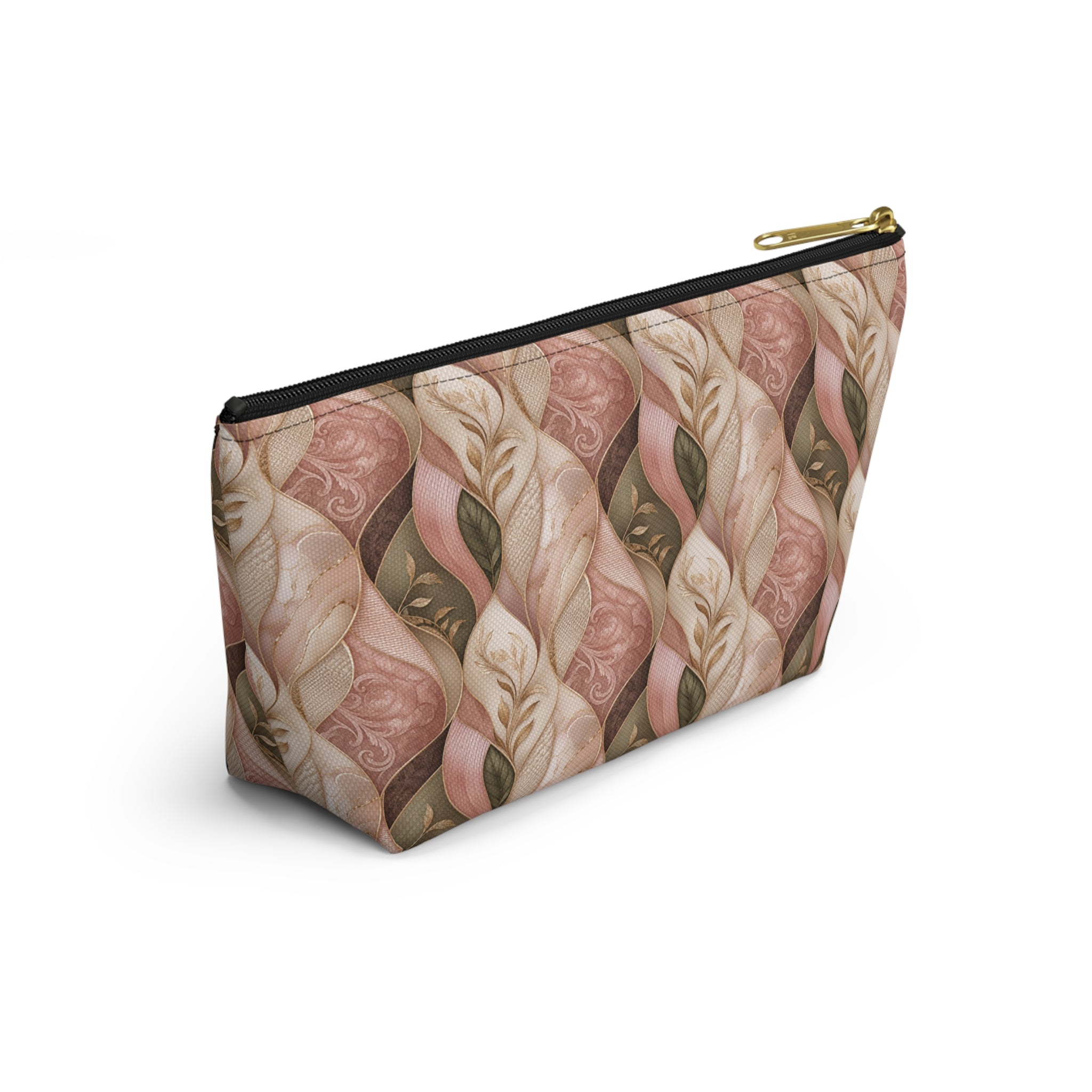 Braided Floral Accessory Pouch — Pink & Olive T‑Bottom Cosmetic Bag