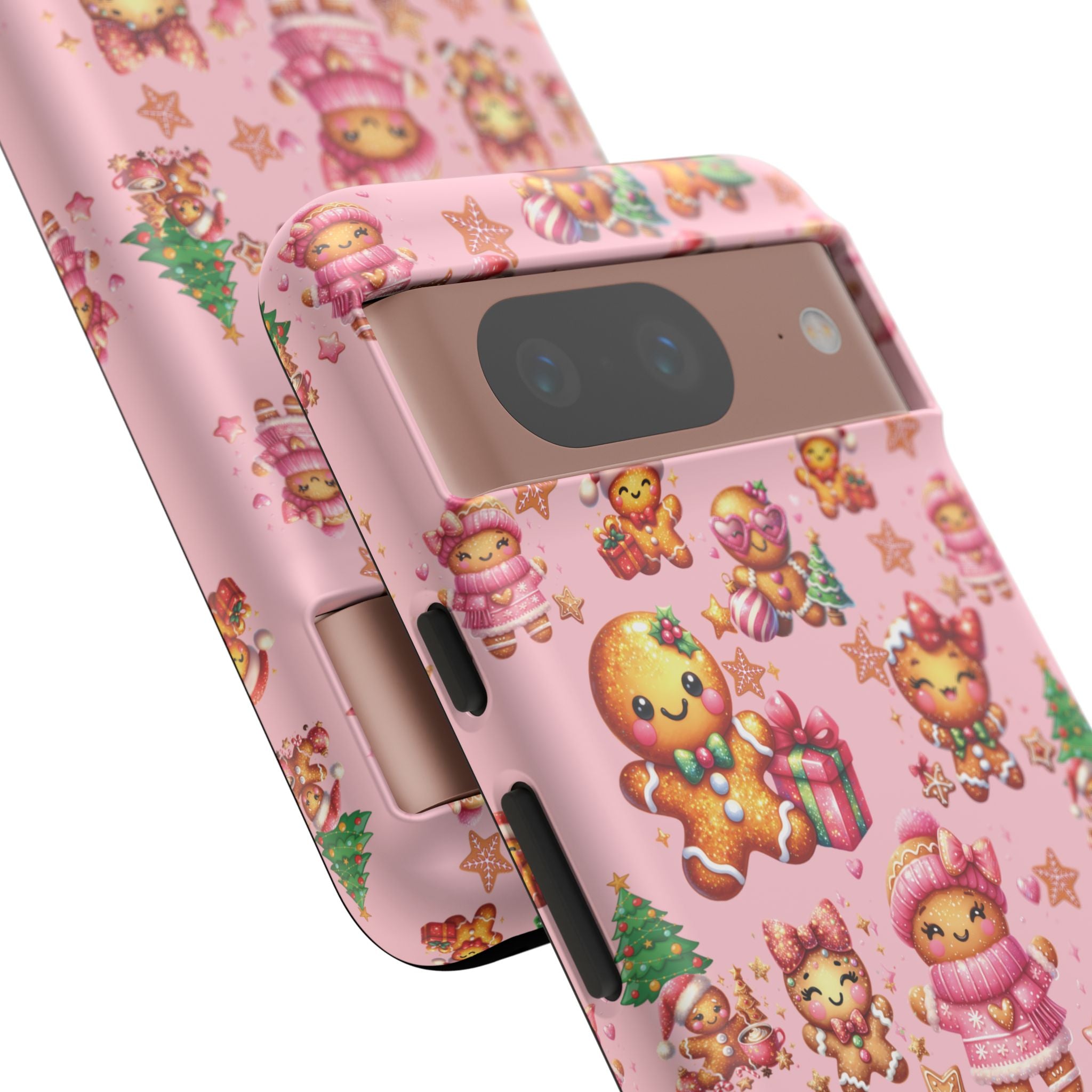 Coque de téléphone en forme de petite fille pain d'épices rose adorable, ambiance girly pour les fêtes, esthétique douce de Noël, idée cadeau mignonne et festive pour elle, housse de protection amusante