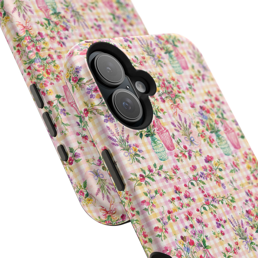 Turquoise & Pink Floral Checker Phone Case — Magnetic Impact-Resistant