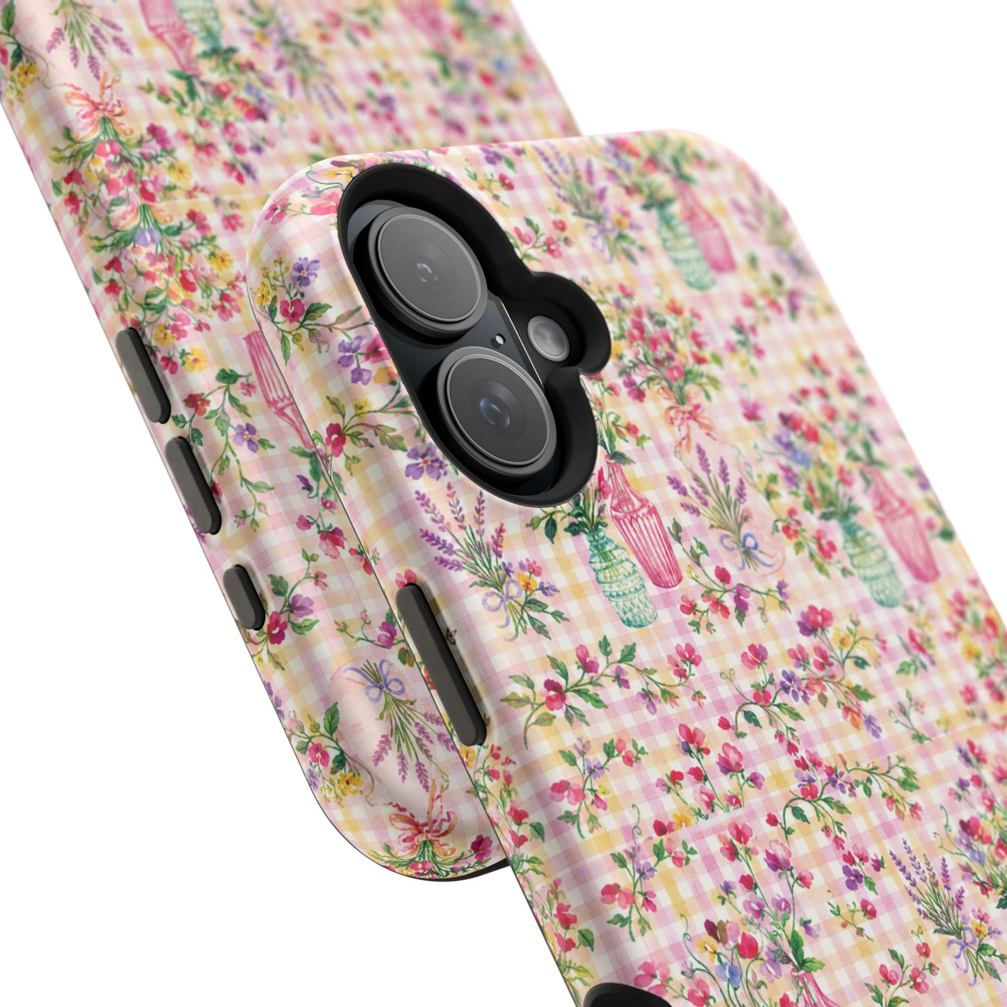 Turquoise & Pink Floral Checker Phone Case — Magnetic Impact-Resistant