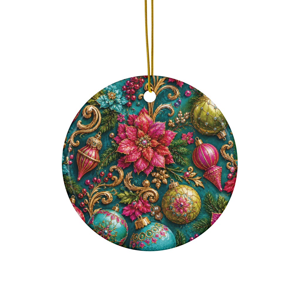 Poinsettia & Baubles Ceramic Ornament — Round Christmas Tree Decoration