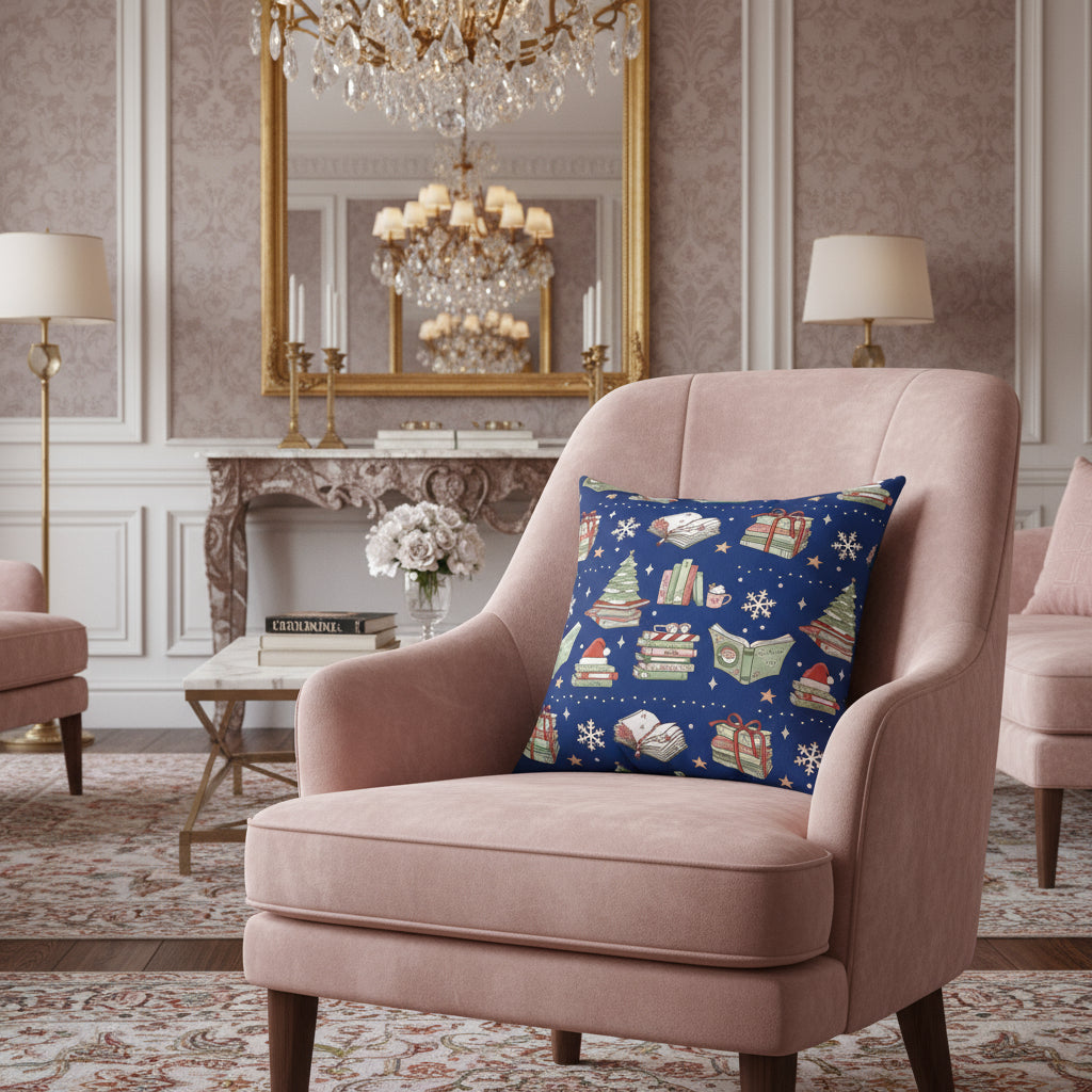 Decorative pillow with festive design on a blue background