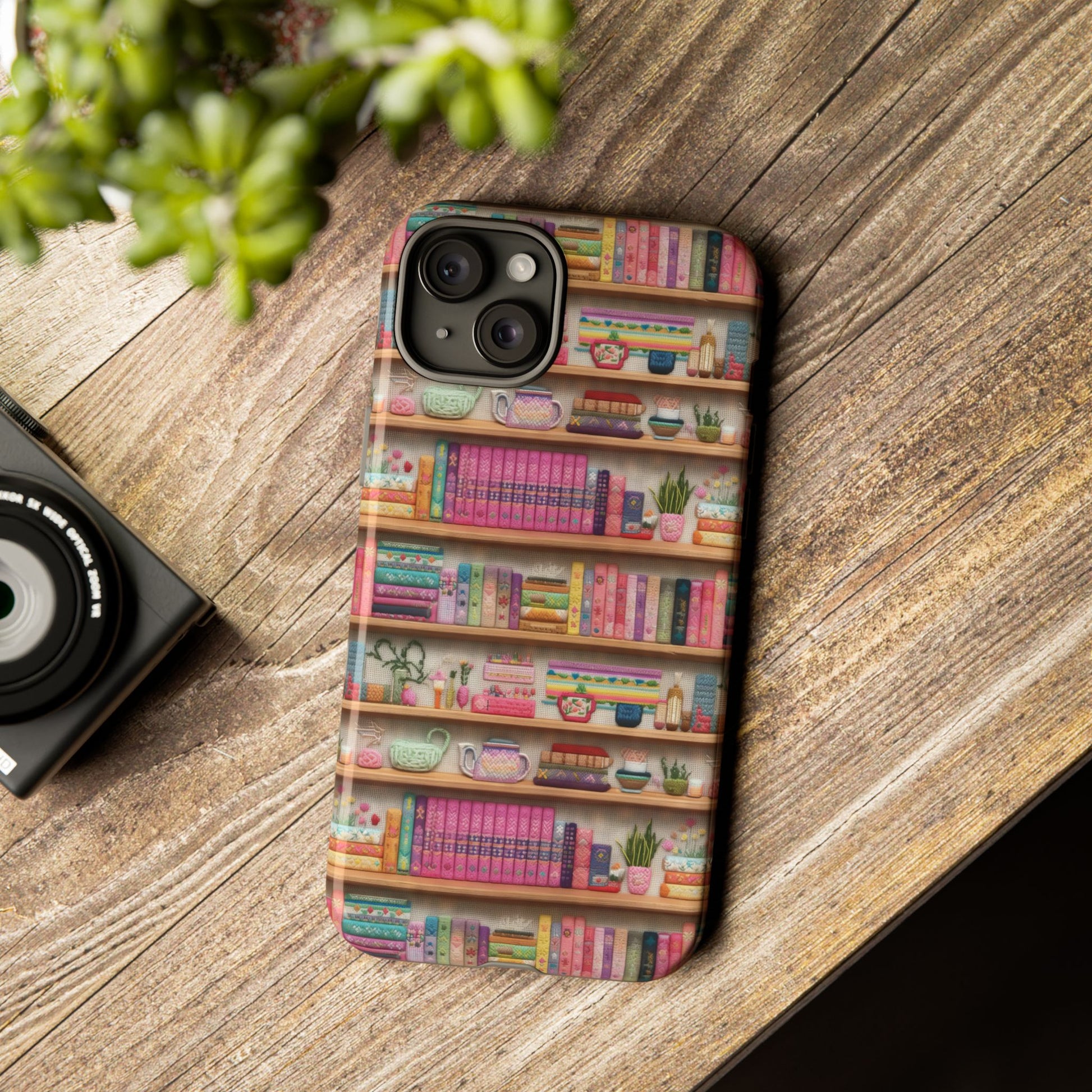 Whimsical 3D Embroidery Illusion Books on Pastel Shelves Phone Case for iPhone, Samsung & Pixel: Unique Accessory for Literary Enthusiasts Gift for Her Perfect for Floral Lover