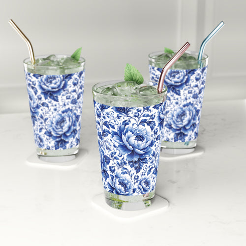 Blue & White Chinoiserie Peony 16 oz Pint Glass | Elegant Floral Drinkware Parties