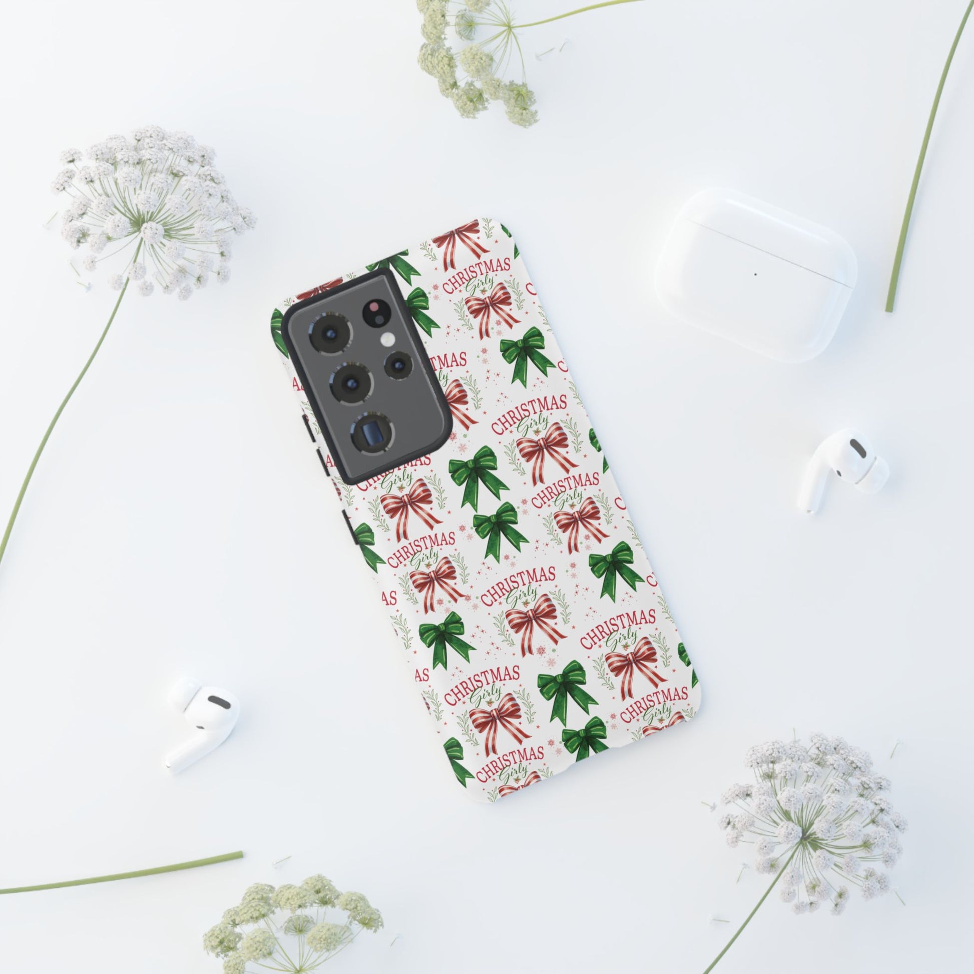 Girly Christmas Coquette Bows Pastel Phone Case for iPhone 17 16 15 23 Samsung, and Pixel | Stylish Protective Cover Gift for Her Perfect for Floral Lover