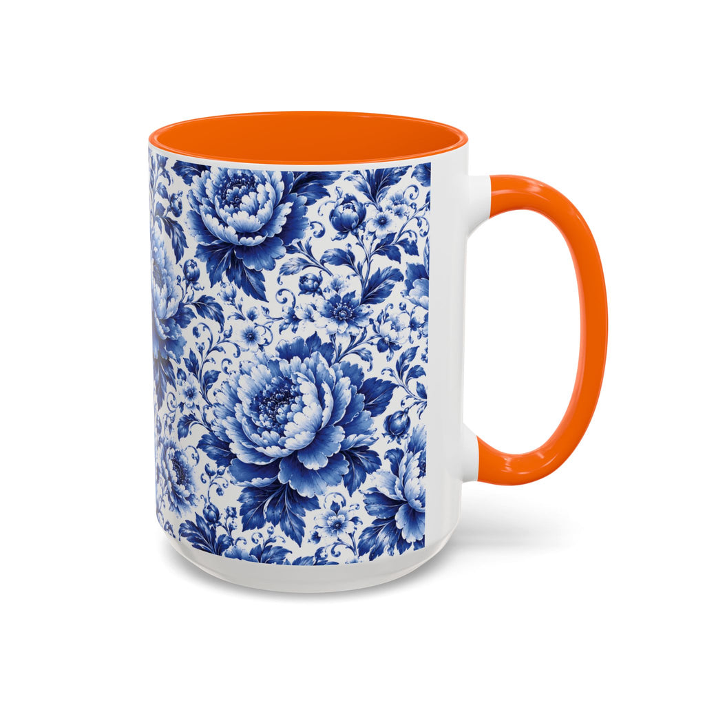 Blue Floral Ceramic Coffee Mug — Vintage Delft Peony Accent (11oz & 15oz) Blue & White Chinoiserie Tea Mug