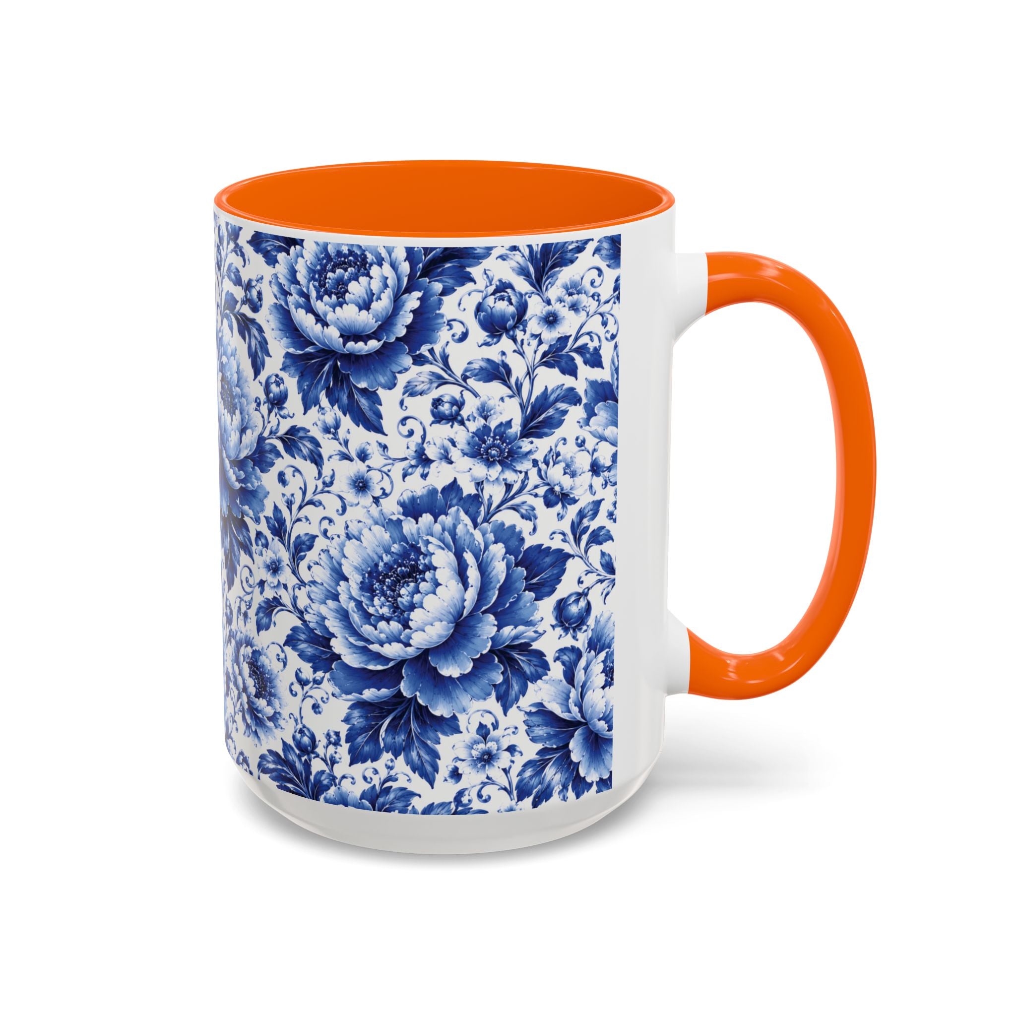 Blue Floral Ceramic Coffee Mug — Vintage Delft Peony Accent (11oz & 15oz) Blue & White Chinoiserie Tea Mug