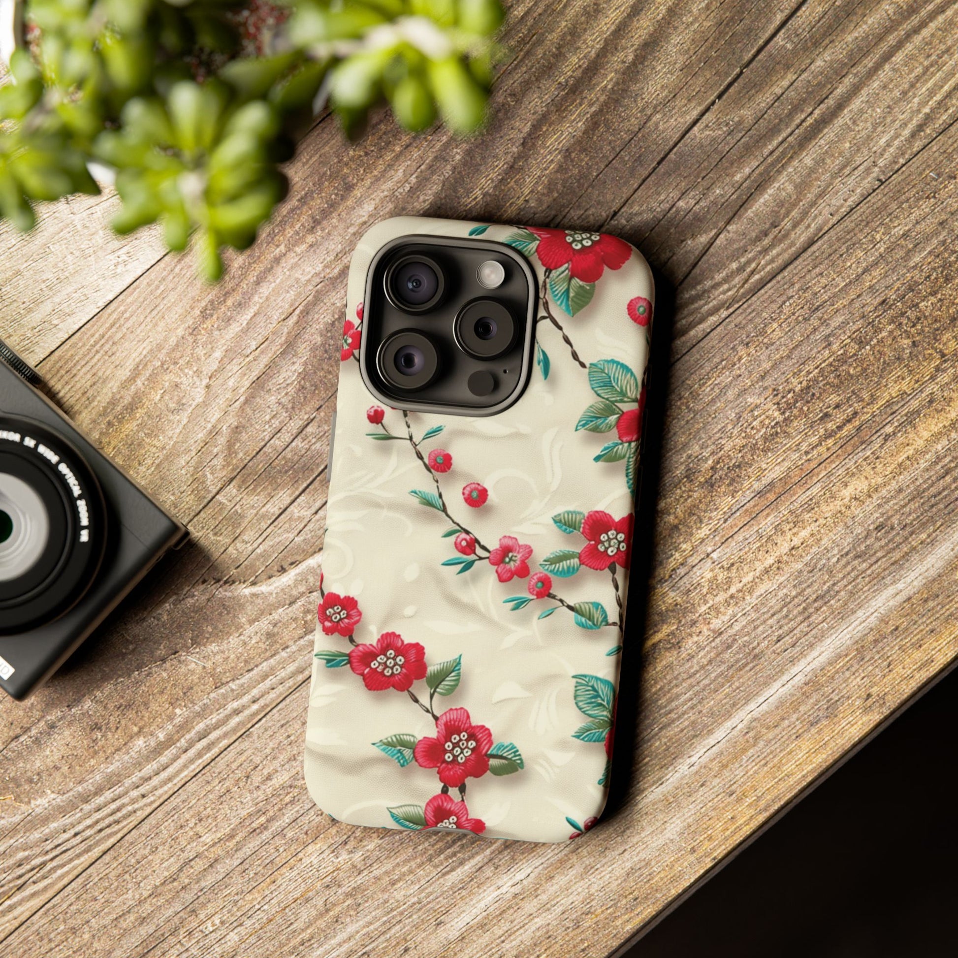 3D Embroidery Illusion Red Flowers Phone Case for iPhone, Samsung Pixel Artistic Floral Protection 15 14 13 12, 21 23 Gift for Her Perfect for Floral Lover