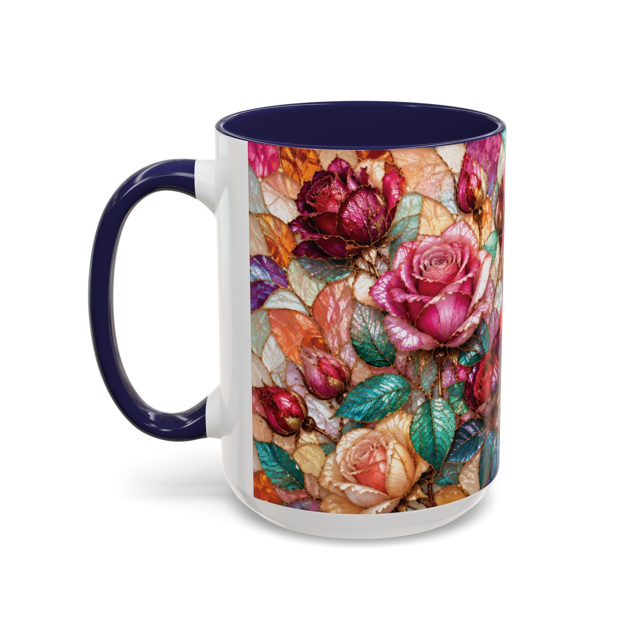 Floral Stained-Glass Accent Coffee Mug Colorful Rose Pattern (11/15 oz) Gift for Her