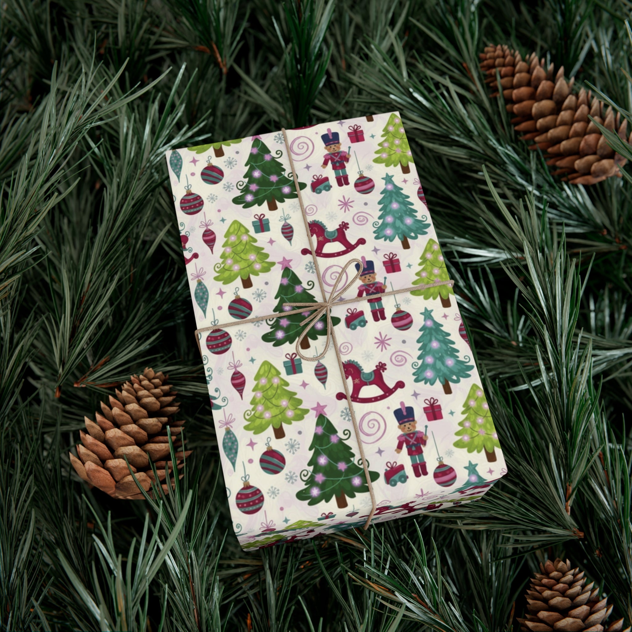 Festive Christmas wrapping paper with toys, trees & holiday icons. Available in 3 sizes—perfect for gifts, parties & seasonal décor.