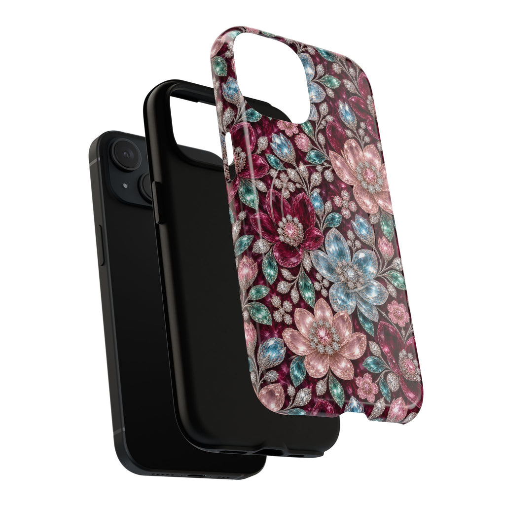 Floral faux Jewel Phone Case Sparkling Burgundy Flower Tough Magnetic Case 18 iPhone