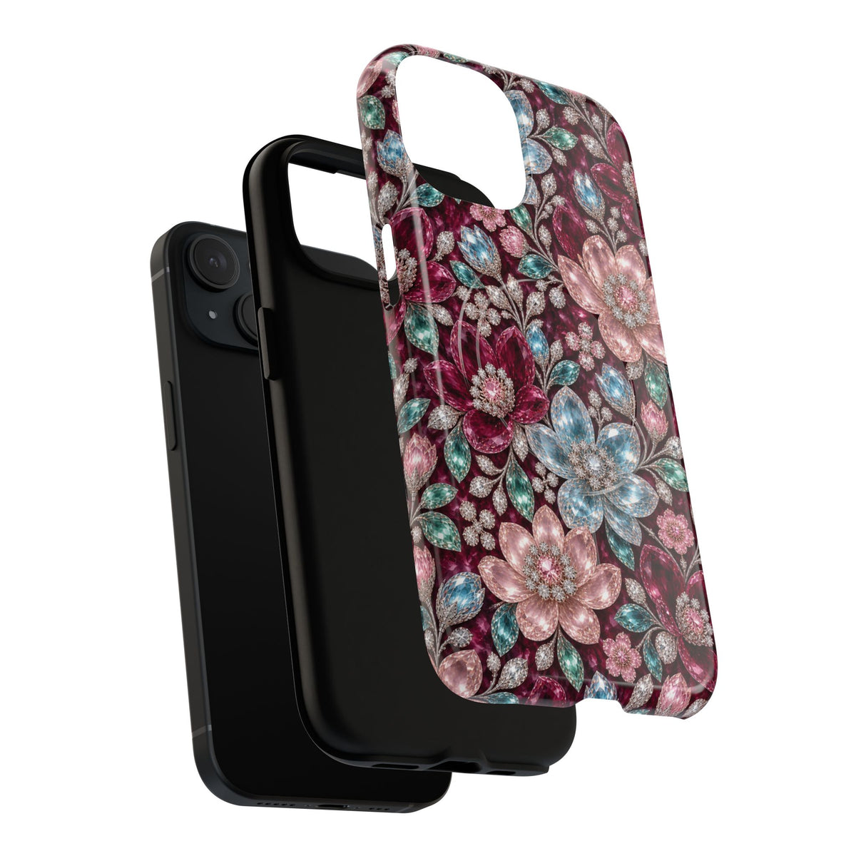 Floral faux Jewel Phone Case Sparkling Burgundy Flower Tough Magnetic Case 18 iPhone