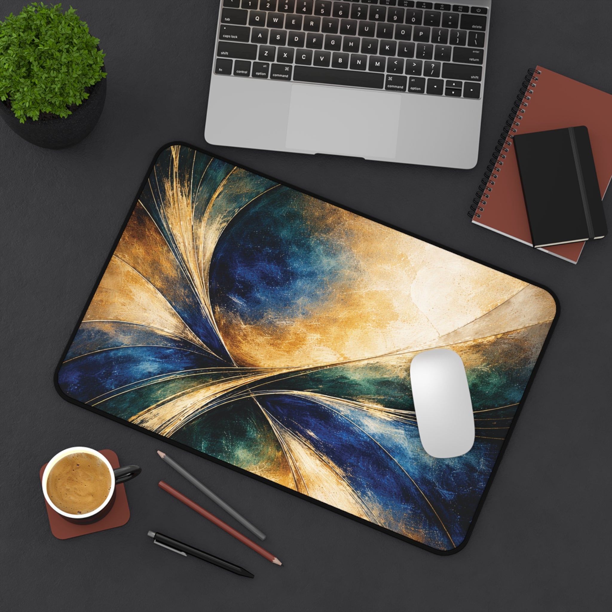Gilded Convergence Blue & Gold NeoDeco Desk Mat — Luxury Office Desk Mat