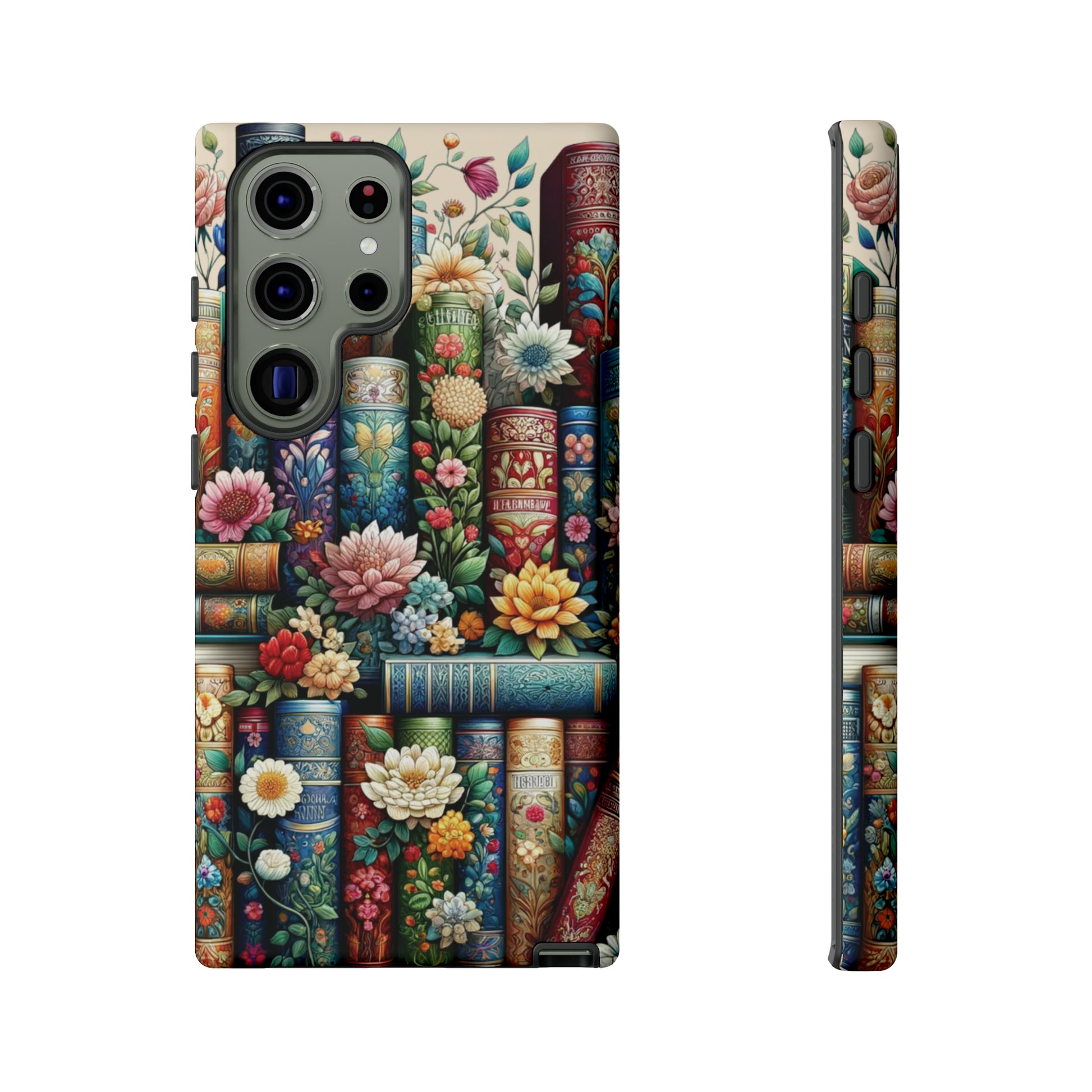 Books and Floral Boho Luxury Phone Tough Case Floral Elegant Durable Stylish for Modern Devices iPhone 15, Samsung iPhone Samsung Accessory Gift for Her.