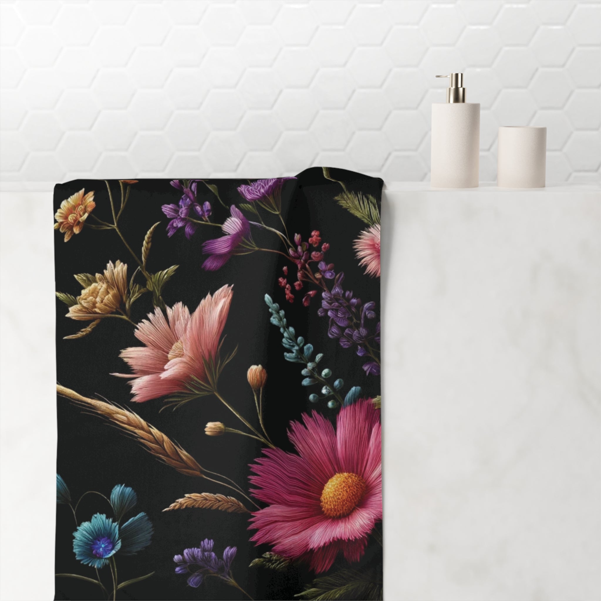 Black Cottage Core Meadow Towel Blooms Soft & Luxurious Mink-Cotton Towel 30x60 Elevate Your Bath Experience Vibrant Nature-Inspired Elegance Housewarming Gift.