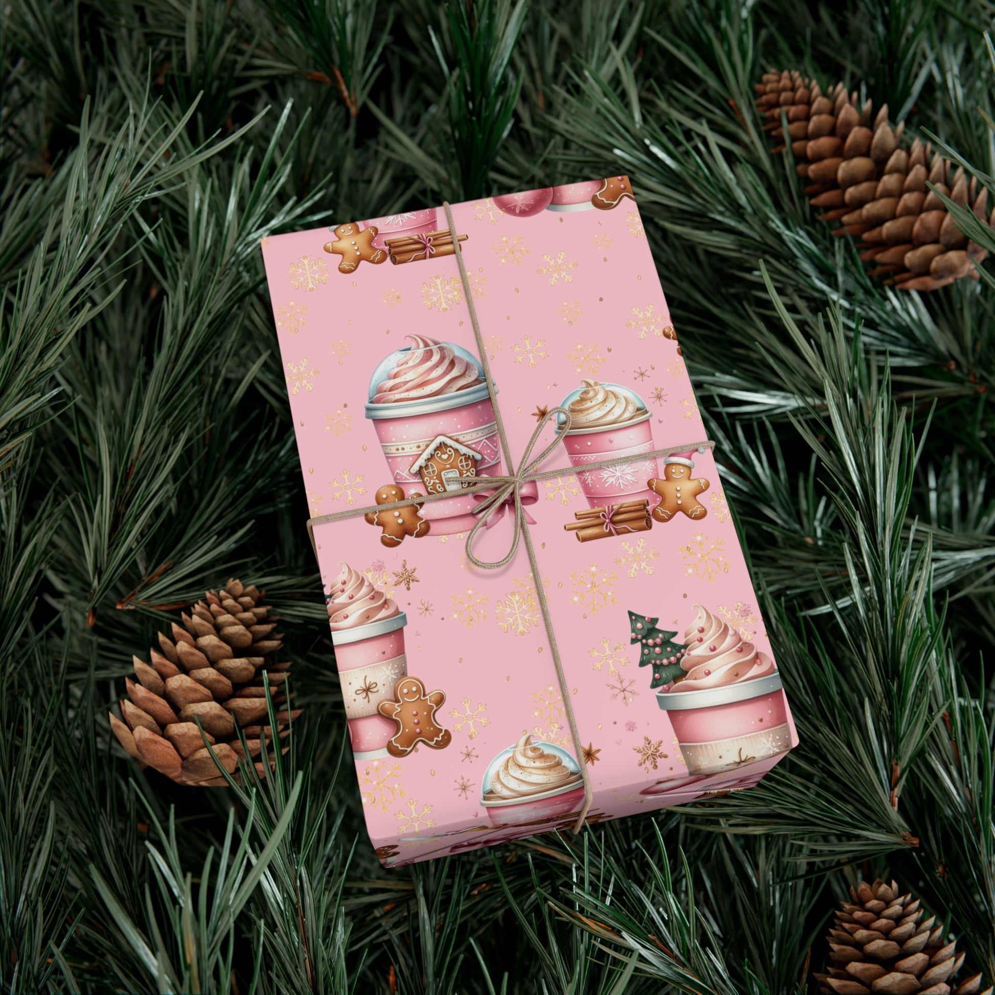 Whimsical Pink Gingerbread People with Coffee Delights Wrapping Paper Festive, Playful, and Perfect for Adding a Sweet Touch to Your Holiday Gifts Moms - MRSBYVALLE