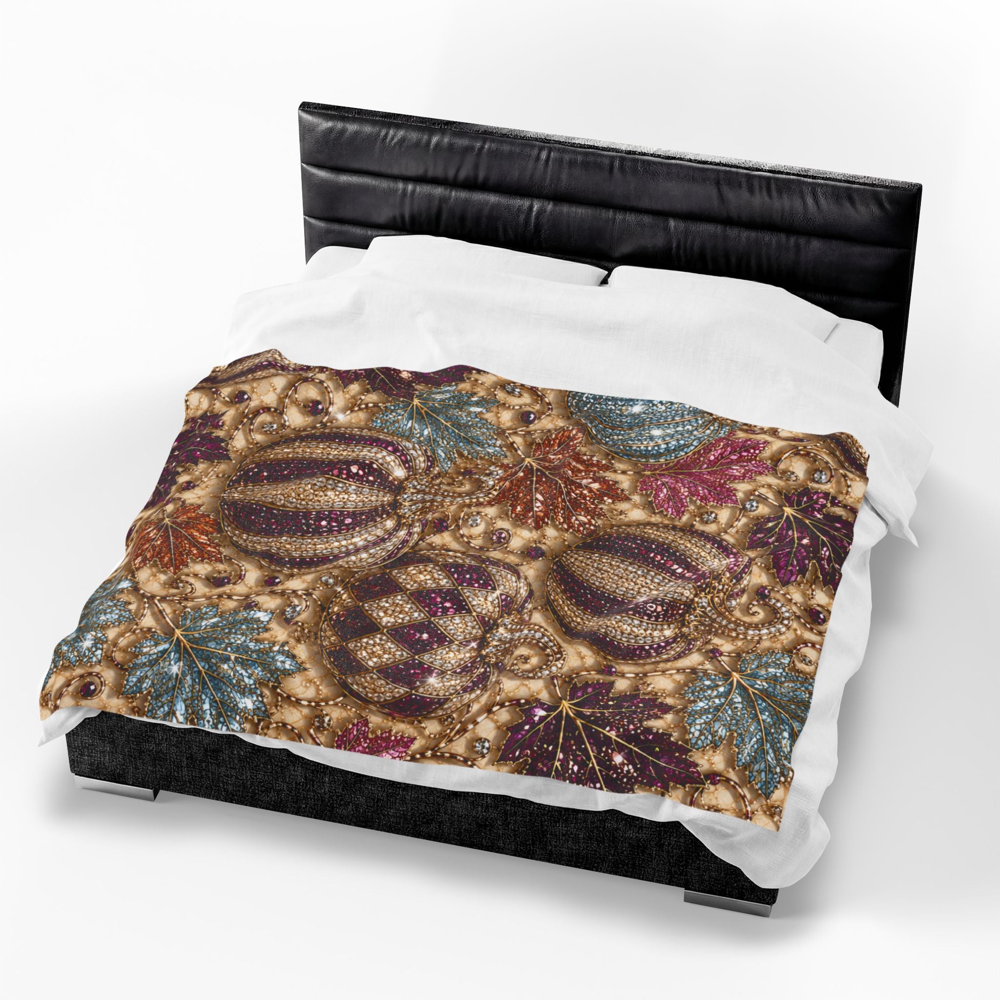 Plush Blanket - Jewel-Toned Decorative Pumpkins & Leaves Fall Throw Rhinestone Faux