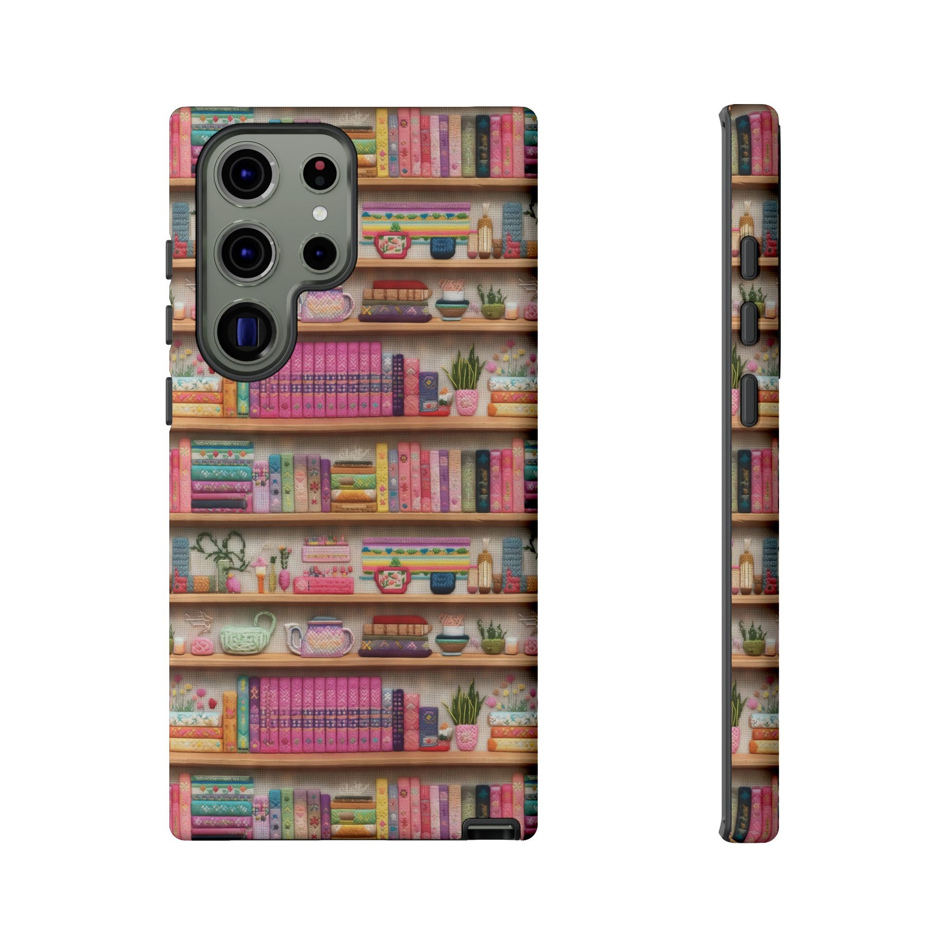 Whimsical 3D Embroidery Illusion Books on Pastel Shelves Phone Case for iPhone, Samsung & Pixel: Unique Accessory for Literary Enthusiasts Gift for Her Perfect for Floral Lover