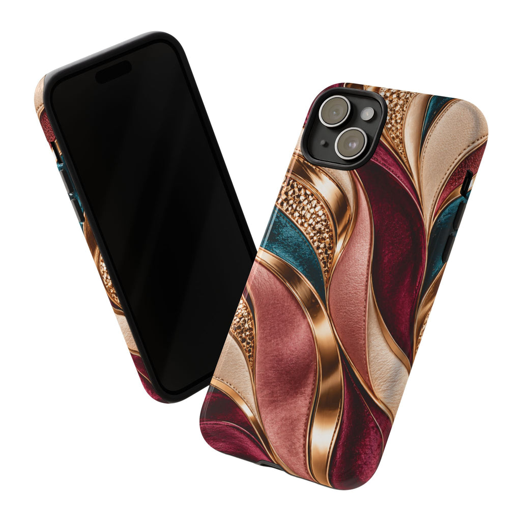 Lux Marble Waves Phone Case Metallic Burgundy, Teal Gold Protective Cover iPhone 18