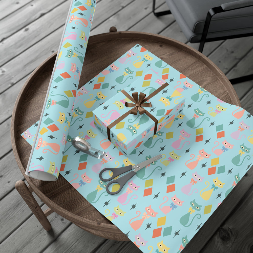 Papier cadeau chat atomique, papier cadeau rétro, motif chaton pastel du milieu du siècle, fêtes vintage 30x20, 30x72, 30x144 Parfait pour toutes les occasions