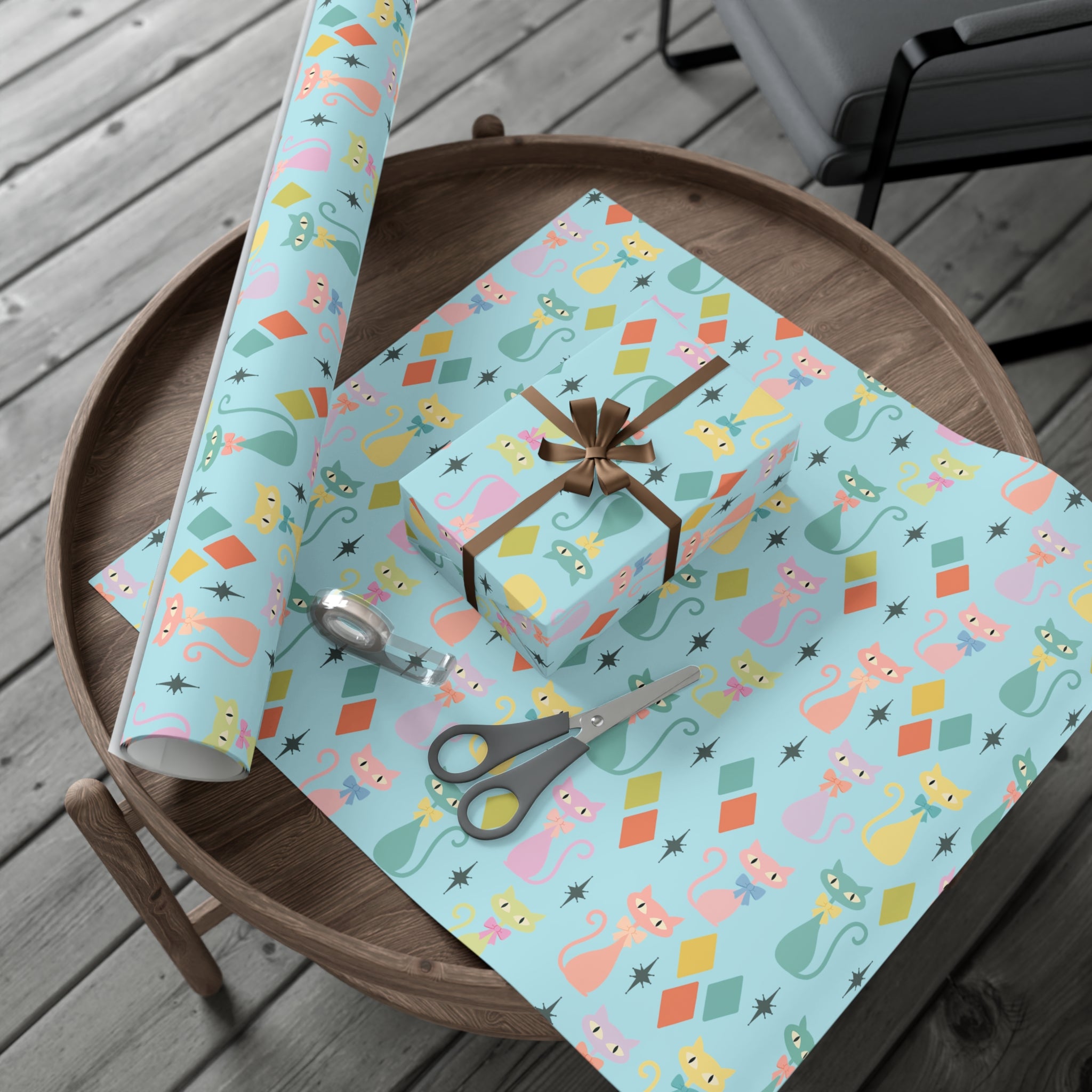 Papier cadeau chat atomique, papier cadeau rétro, motif chaton pastel du milieu du siècle, fêtes vintage 30x20, 30x72, 30x144 Parfait pour toutes les occasions