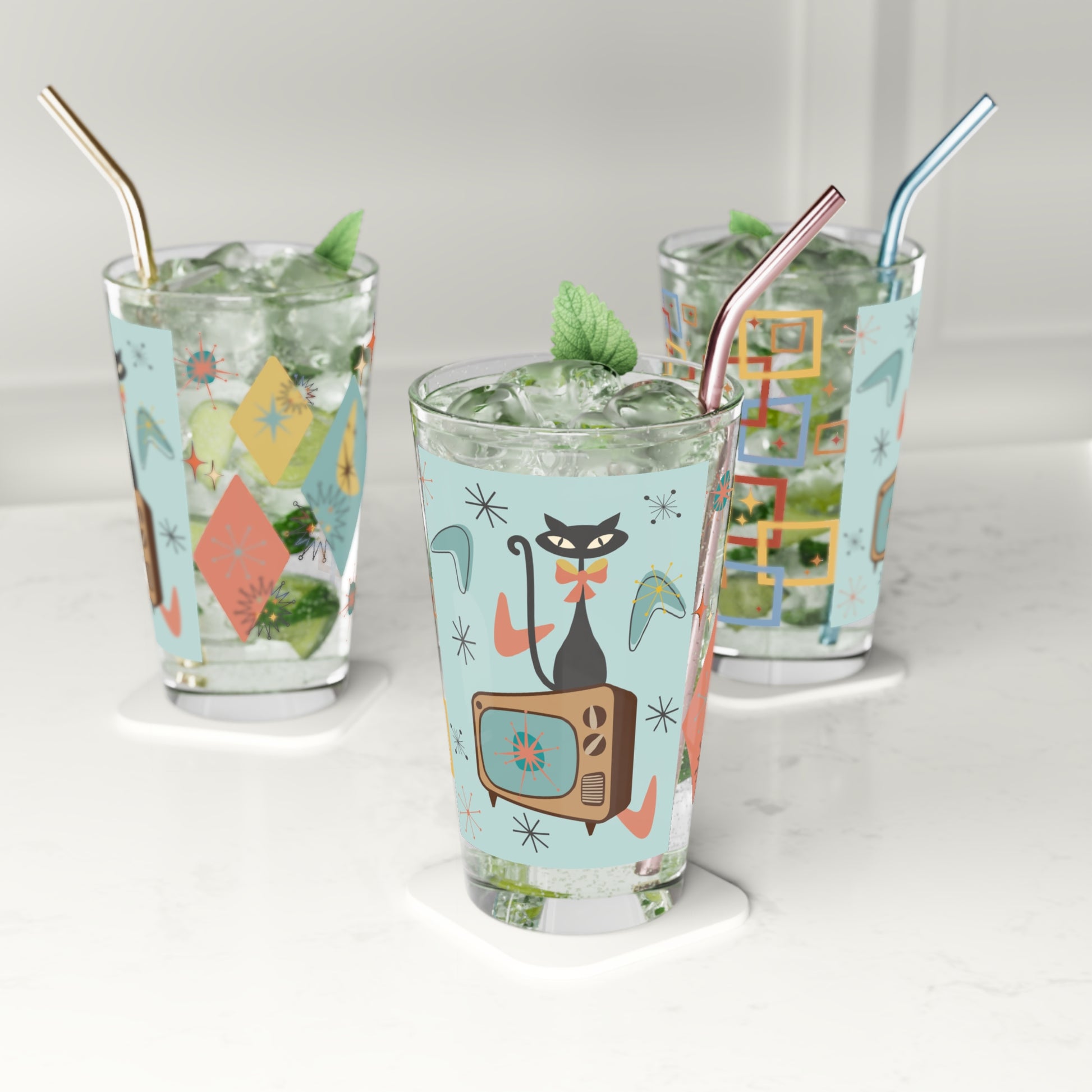 Atomic Cat 16oz Pint Glass Mid-Century Modern Retro Style for Cocktails, Mocktails, Beer, and Water Perfect for Every Occasion Mother's Day Party Drinkware, Housewarming Perfect Gift Party Drinkware, Cocktail, Wedding Perfect for Parties - MRSBYVALLE