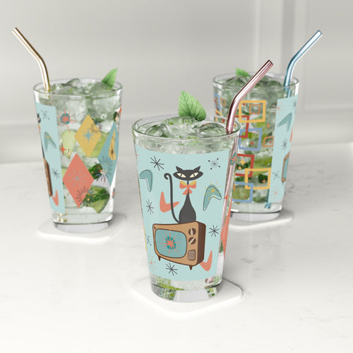 Atomic Cat 16oz Pint Glass Mid-Century Modern Retro Style for Cocktails, Mocktails, Beer, and Water Perfect for Every Occasion Mother's Day Party Drinkware, Housewarming Perfect Gift Party Drinkware, Cocktail, Wedding Perfect for Parties - MRSBYVALLE
