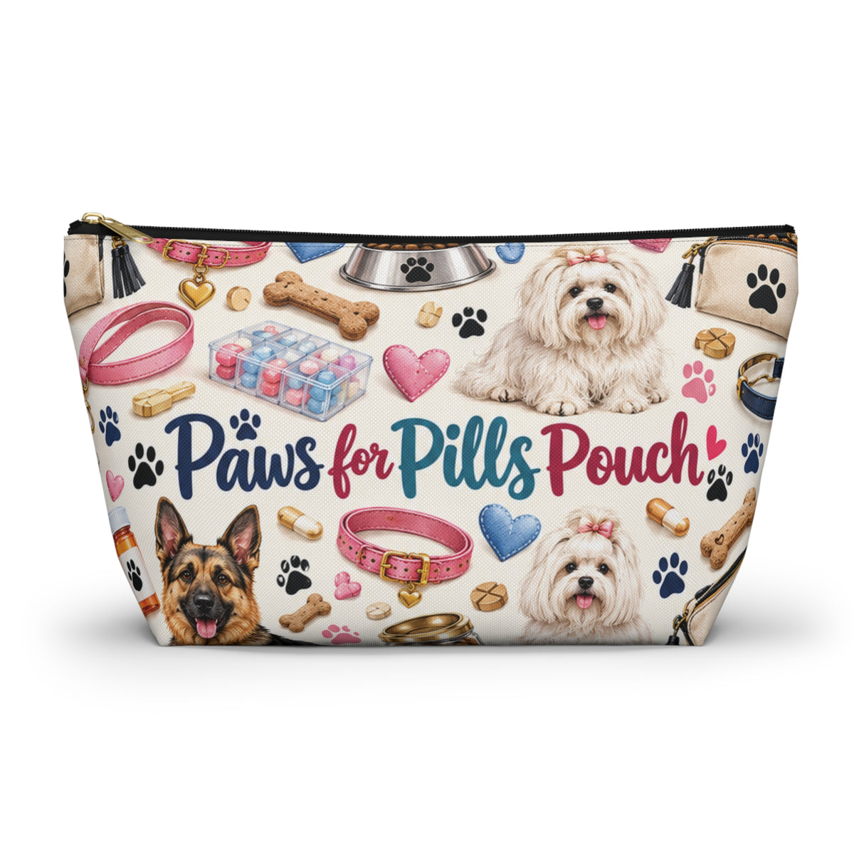 Paws for Pills Accessory Pouch — Dog Medicine & Treats T-Bottom Makeup Bag