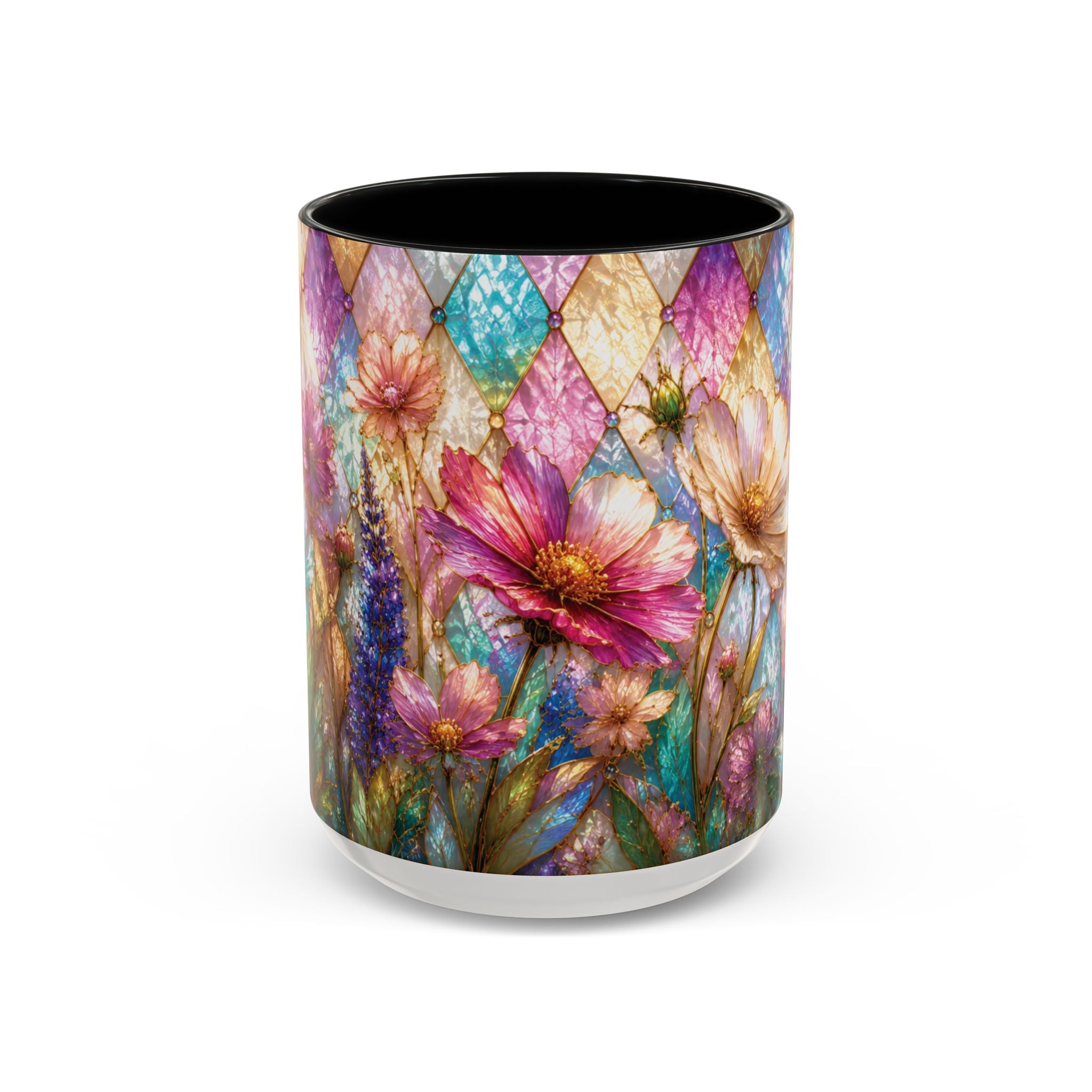 Floral Mosaic Accent Coffee Mug — Colorful Garden Flowers 11/15oz Stain Glass Illusion