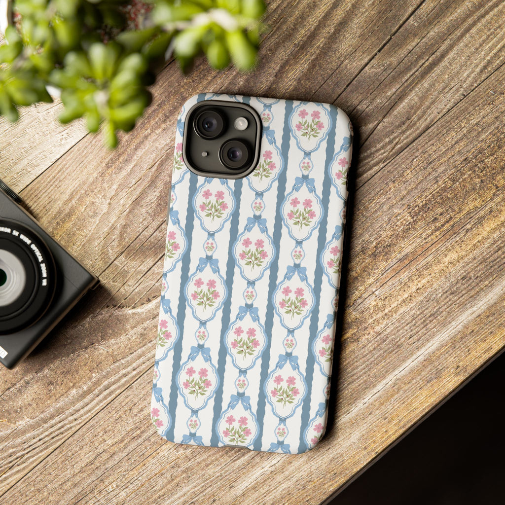 Coque de téléphone Vintage Nœud Bleu et Rose — Motif floral romantique « Tough Cases »