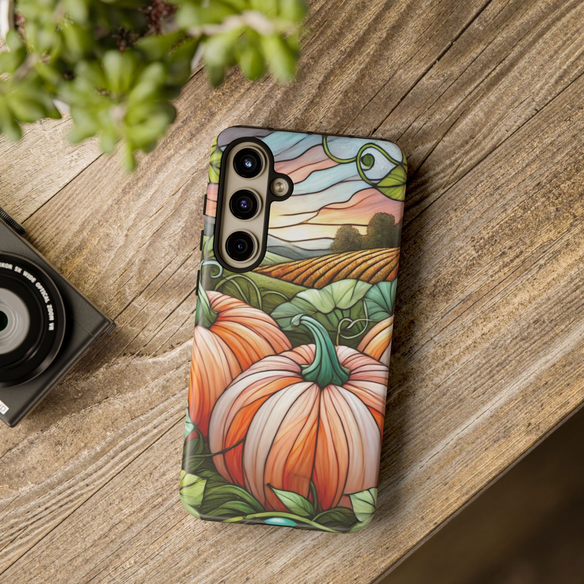 Pumpkins Phone Case Fall Faux Stained-Glass Thanksgiving Cover Pumpkin Lovers Gift for Galaxy S 24 23 22 21 Pixel 5 6 7 8 iPhone 17 , 16 15 14 13 12 Samsung iPhone Samsung Gift for Her