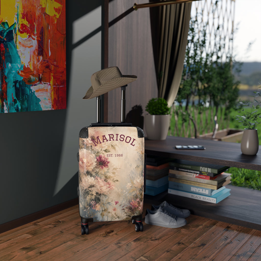 Personalized Floral Suitcase Cover — "Custom Name" Vintage Roses Travel Luggage