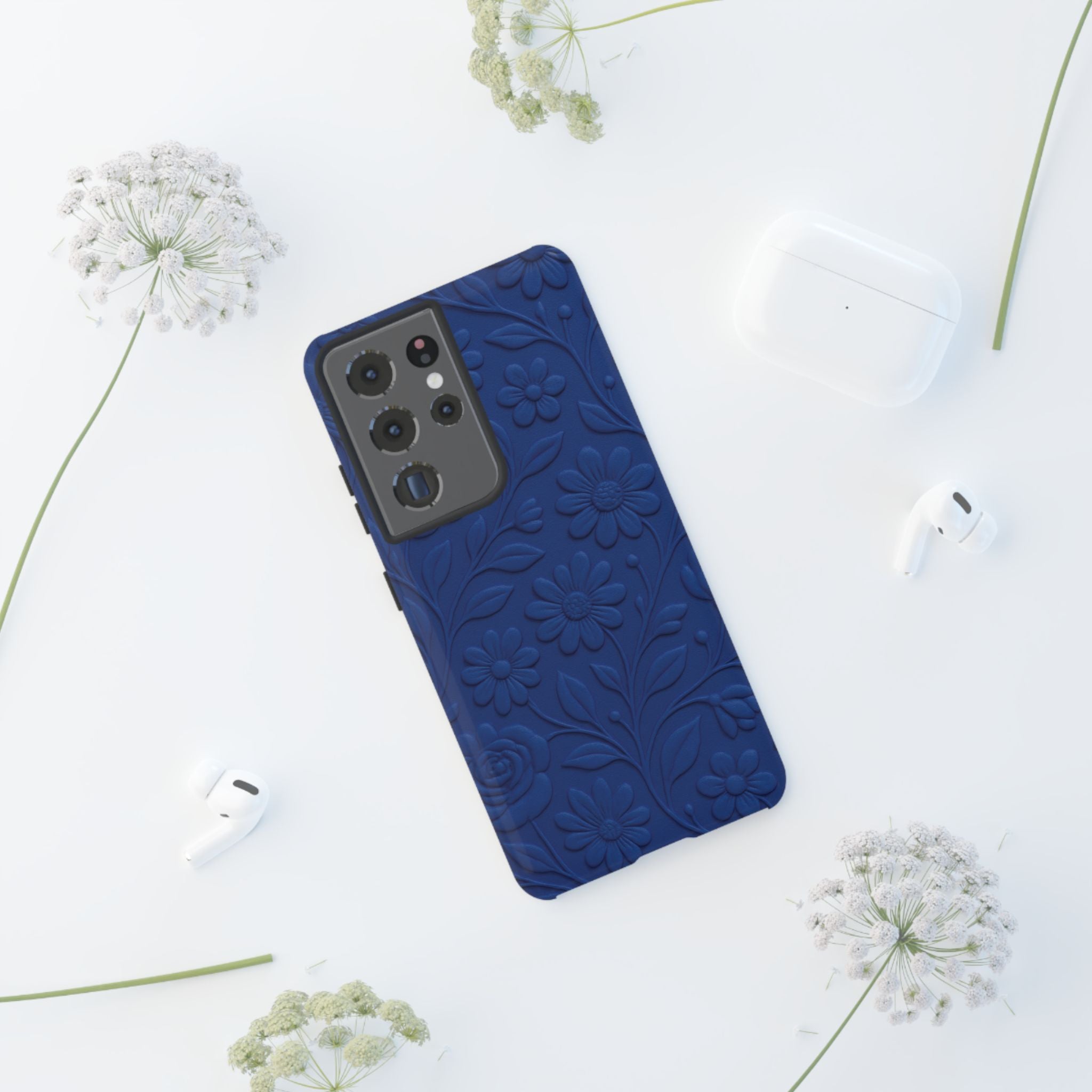 3D Illusion Floral Cobalt Blue Phone Case Elegant Raised Flower Design, Seamless Textured Look, Durable & Stylish Protection for iPhone and Android Models Fits iPhone & Samsung Models