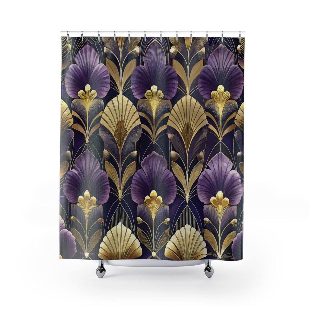 Purple Imperial Art Deco Gold & Navy Shower Curtain — Geometric Luxury Bathroom Decor