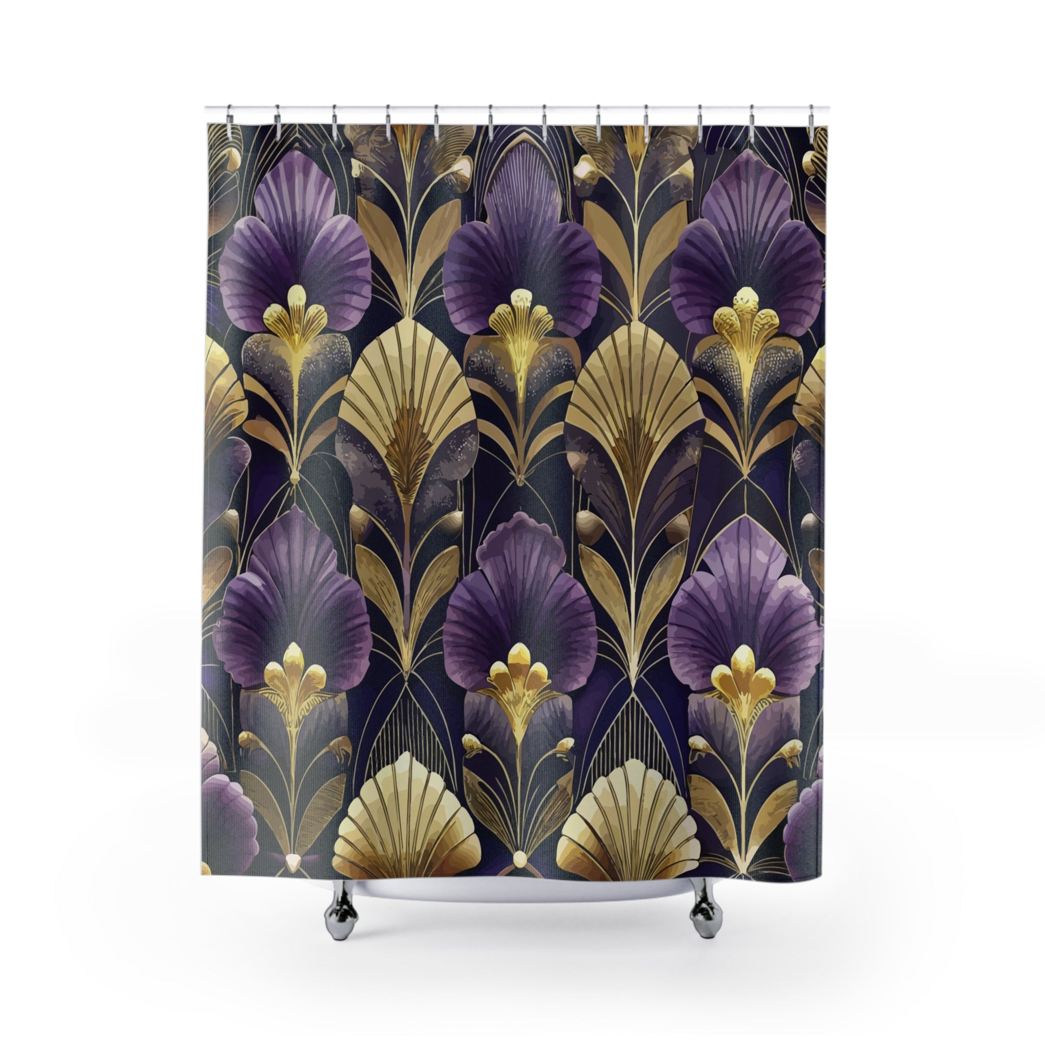 Purple Imperial Art Deco Gold & Navy Shower Curtain — Geometric Luxury Bathroom Decor