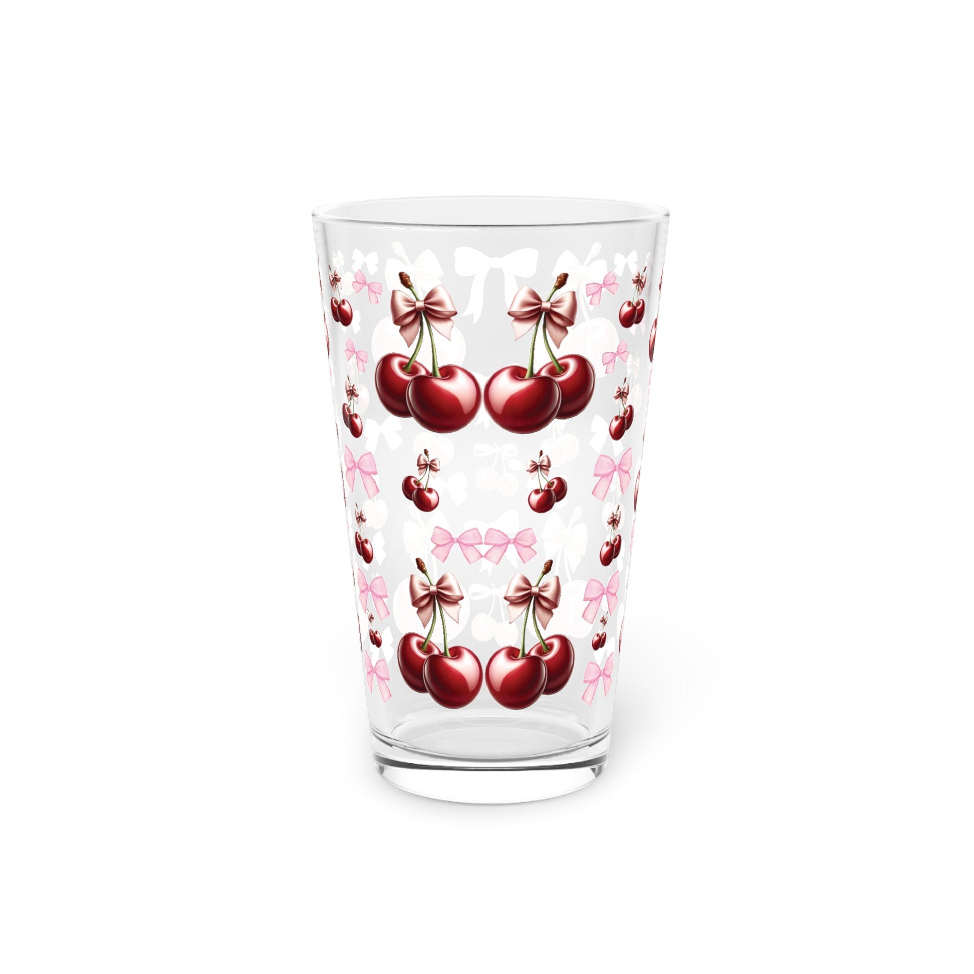 Cherry and Pink Bow 16 oz Pint Glass Elegant Drinkware for Everyday Use | Perfect for Home Perfect for Every Occasion Mother's Day Party Drinkware, Housewarming Perfect Gift Party Drinkware, Cocktail, Wedding Perfect for Parties - MRSBYVALLE