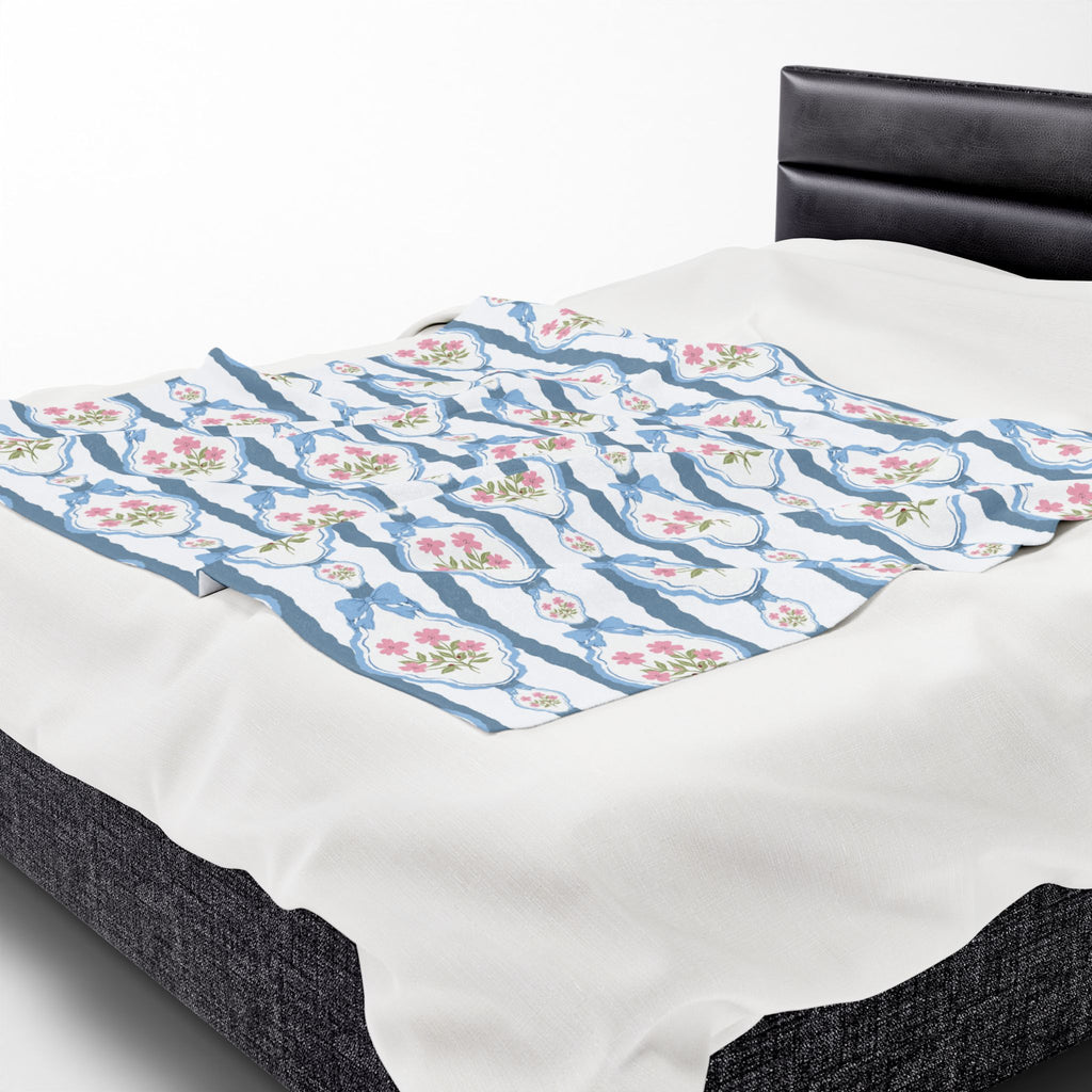 Couverture en peluche veloutée — Nœuds roses vintage et jeté romantique bleu