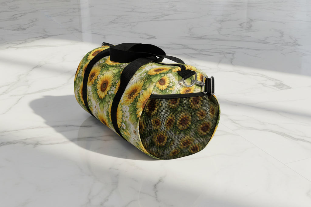 Duffel bag with sunflower pattern on a white background