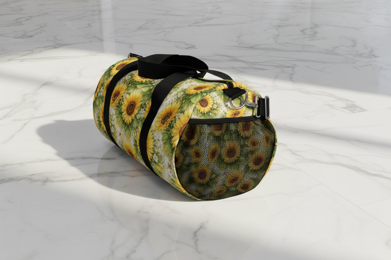 Duffel bag with sunflower pattern on a white background