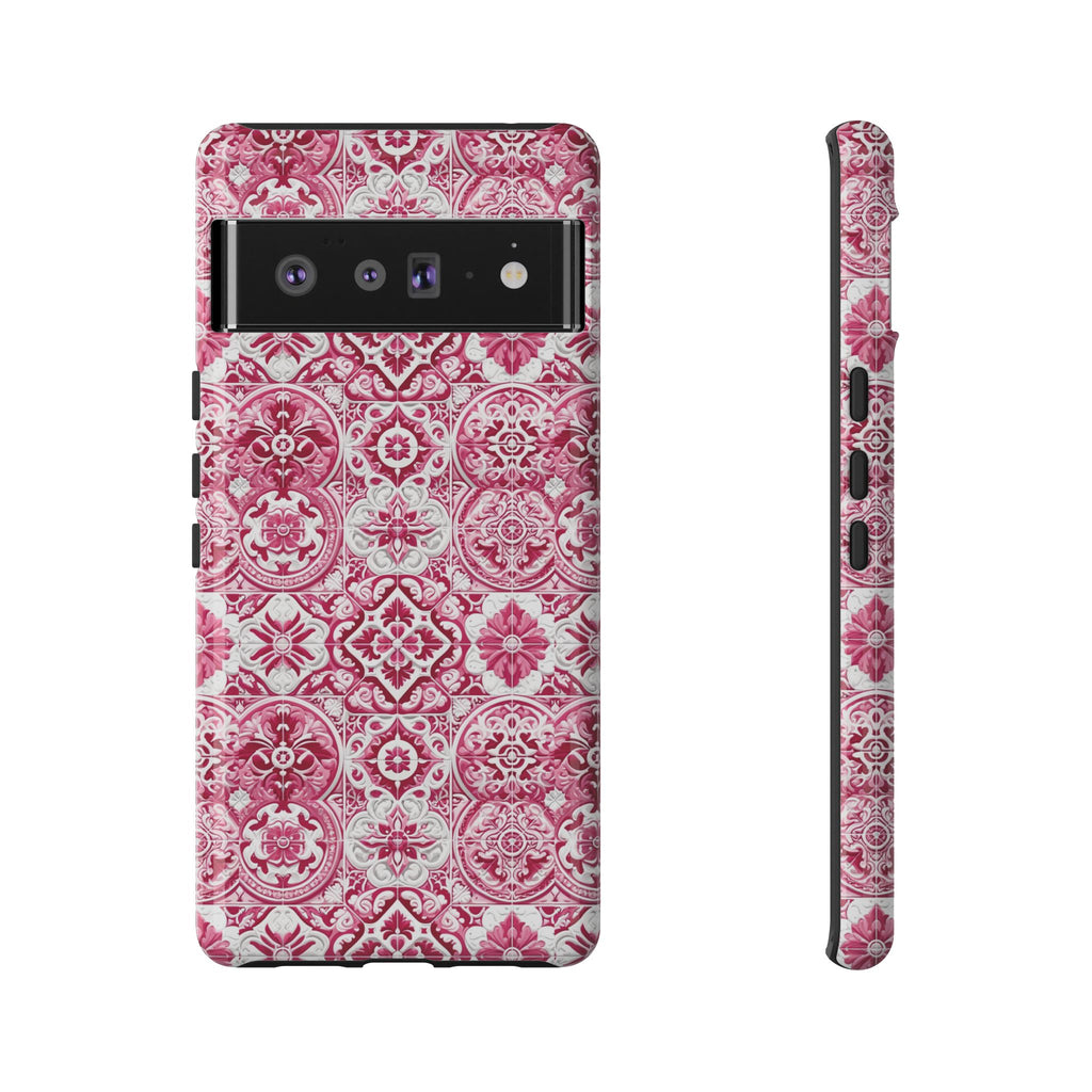 Pink and White Mediterranean Tile Design Phone Case - Stylish, Protective Cover for All Models Gift for Mom Accessory Gift for Her