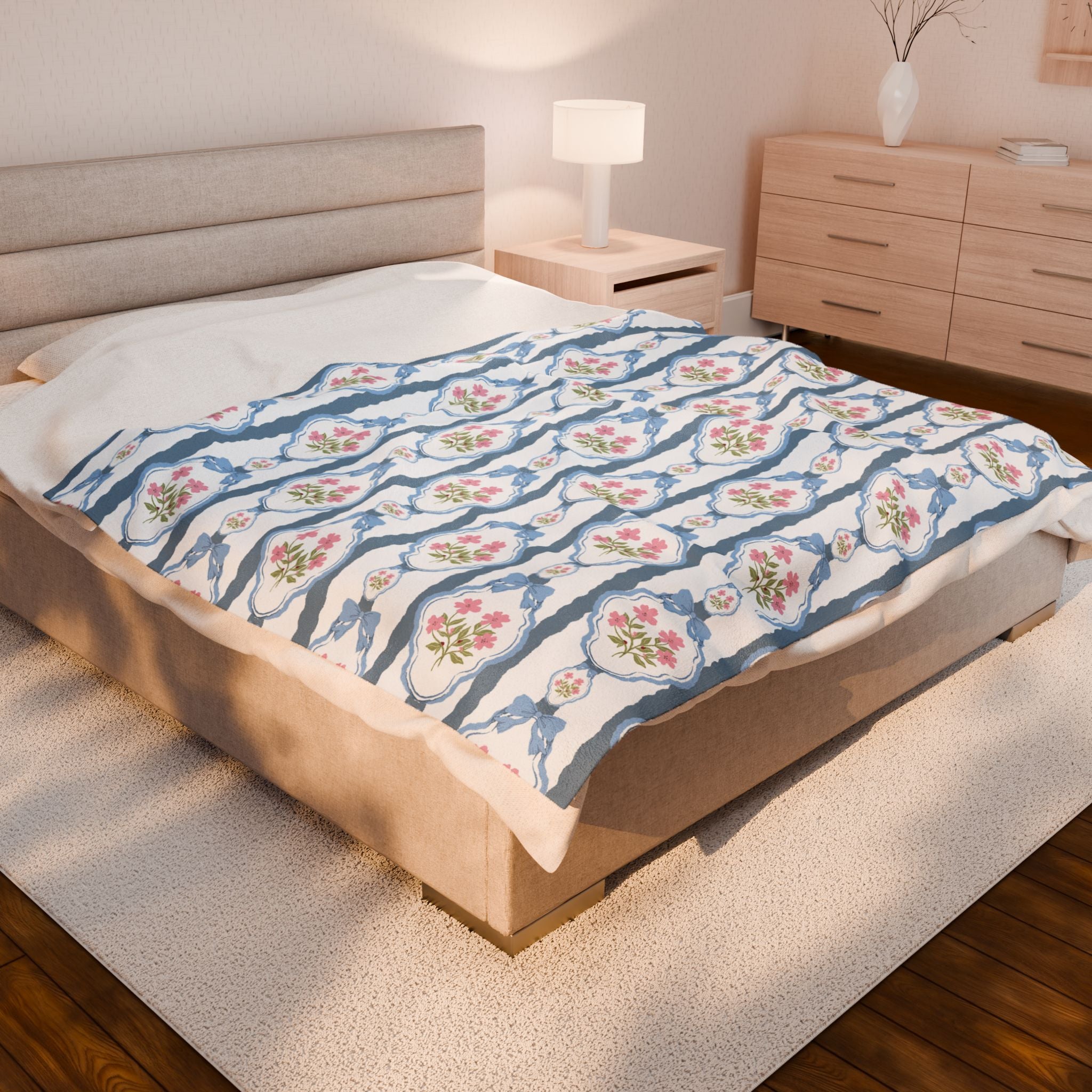 Velveteen Plush Blanket — Vintage Pink Bows & Blue Romantic Throw