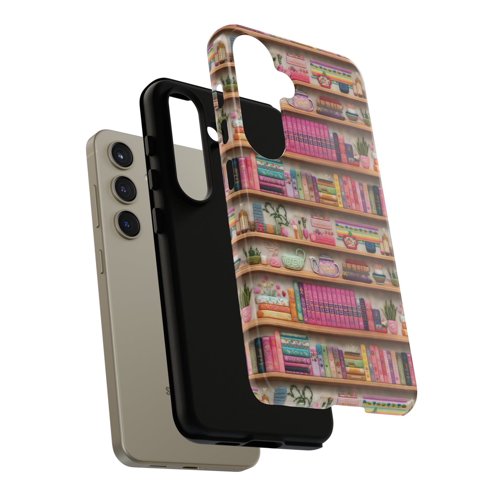 Phone Case 3D Illusion Books & Shelf Embroidery Design with Vibrant Colors Gift for Her Phone 15, Samsung iPhone Samsung Gift for Her Case iPhone 15, Samsung iPhone Samsung Accessory Gift for Her.