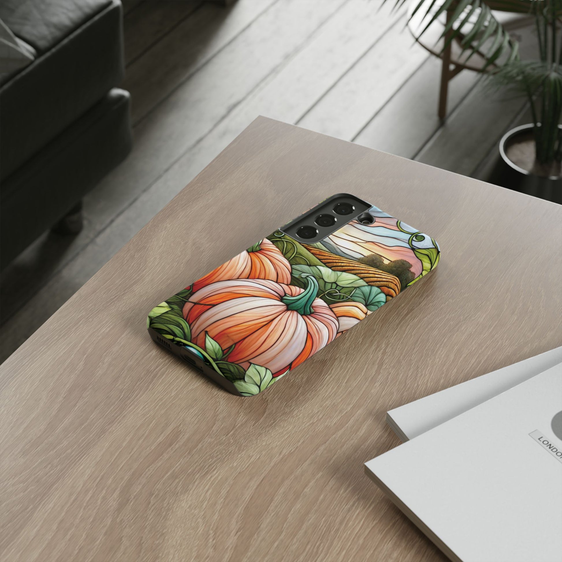 Pumpkins Phone Case Fall Faux Stained-Glass Thanksgiving Cover Pumpkin Lovers Gift for Galaxy S 24 23 22 21 Pixel 5 6 7 8 iPhone 17 , 16 15 14 13 12 Samsung iPhone Samsung Gift for Her