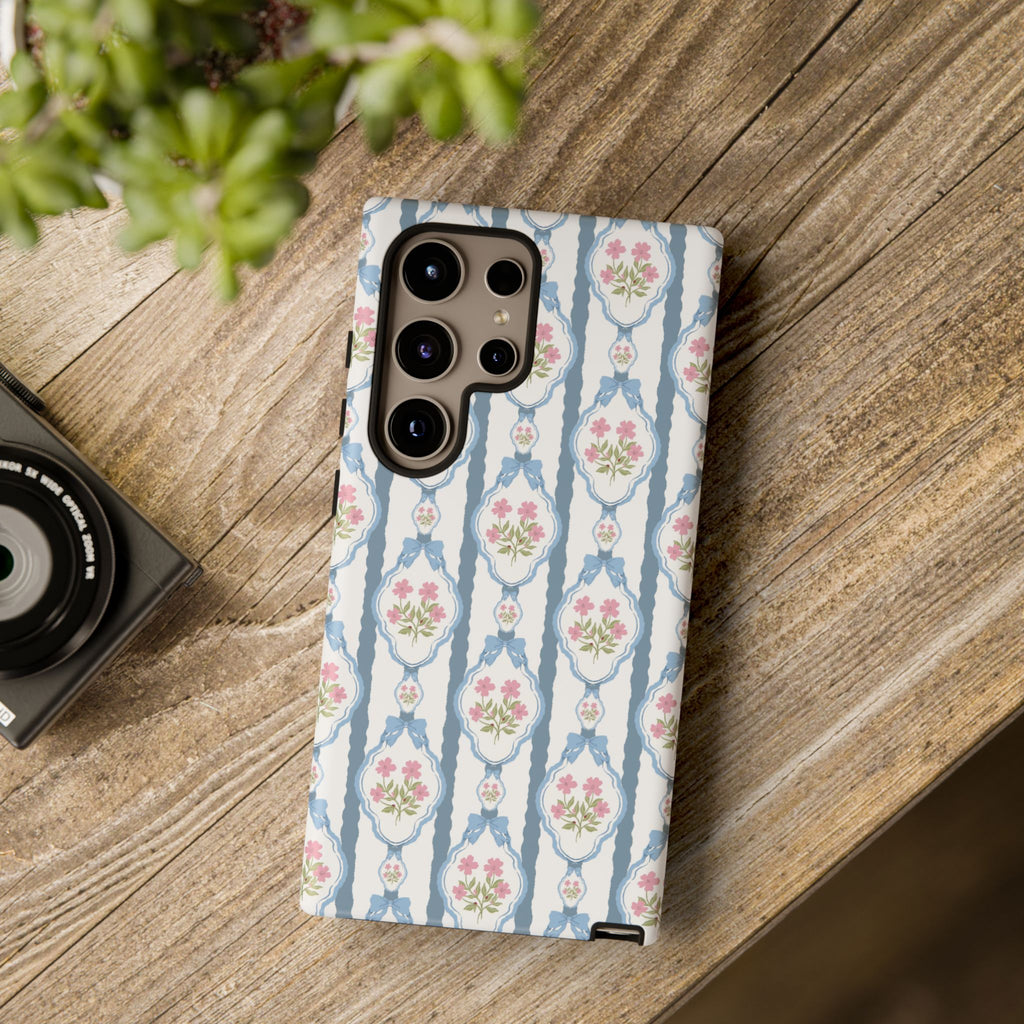 Coque de téléphone Vintage Nœud Bleu et Rose — Motif floral romantique « Tough Cases »