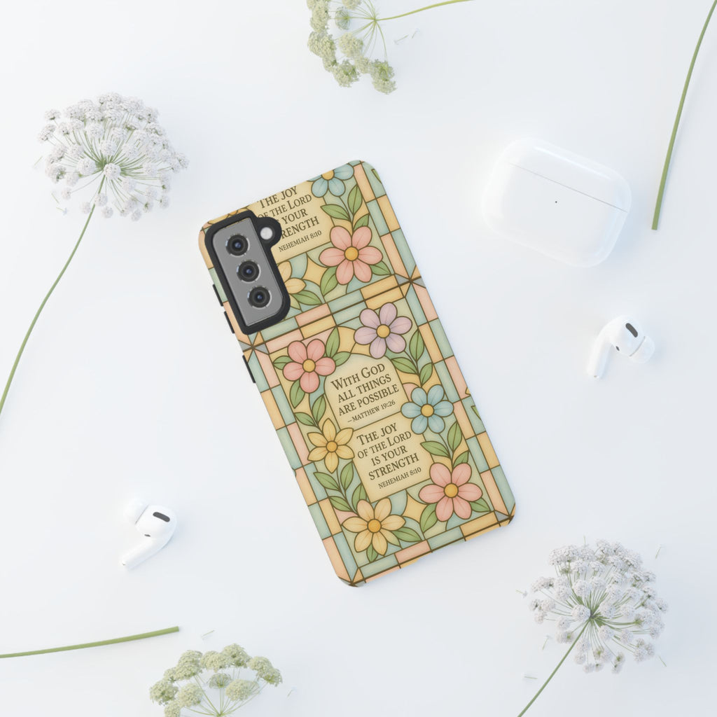 Pastel Stained Glass Bible Verse Phone Case Christian Affirmation Cover, Soft Geometric Design, iPhone Samsung Google, Faith Gift for Her Bible Verse or Affirmation | Protective, Inspirational Gift for Christians