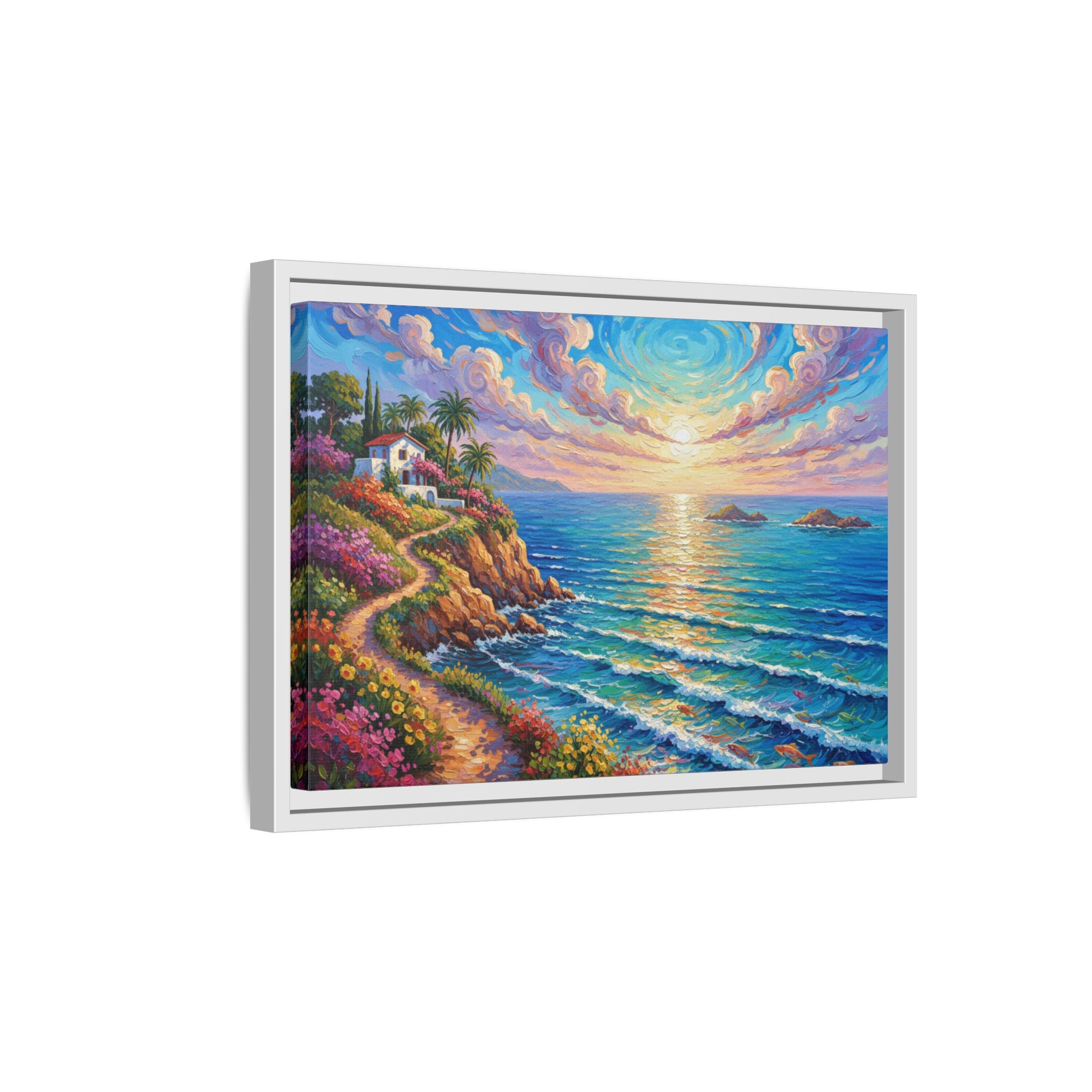Toile imprimée florale océanique | Décoration murale colorée et lumineuse de paysage marin, œuvre d'art de bureau encadrée et mate