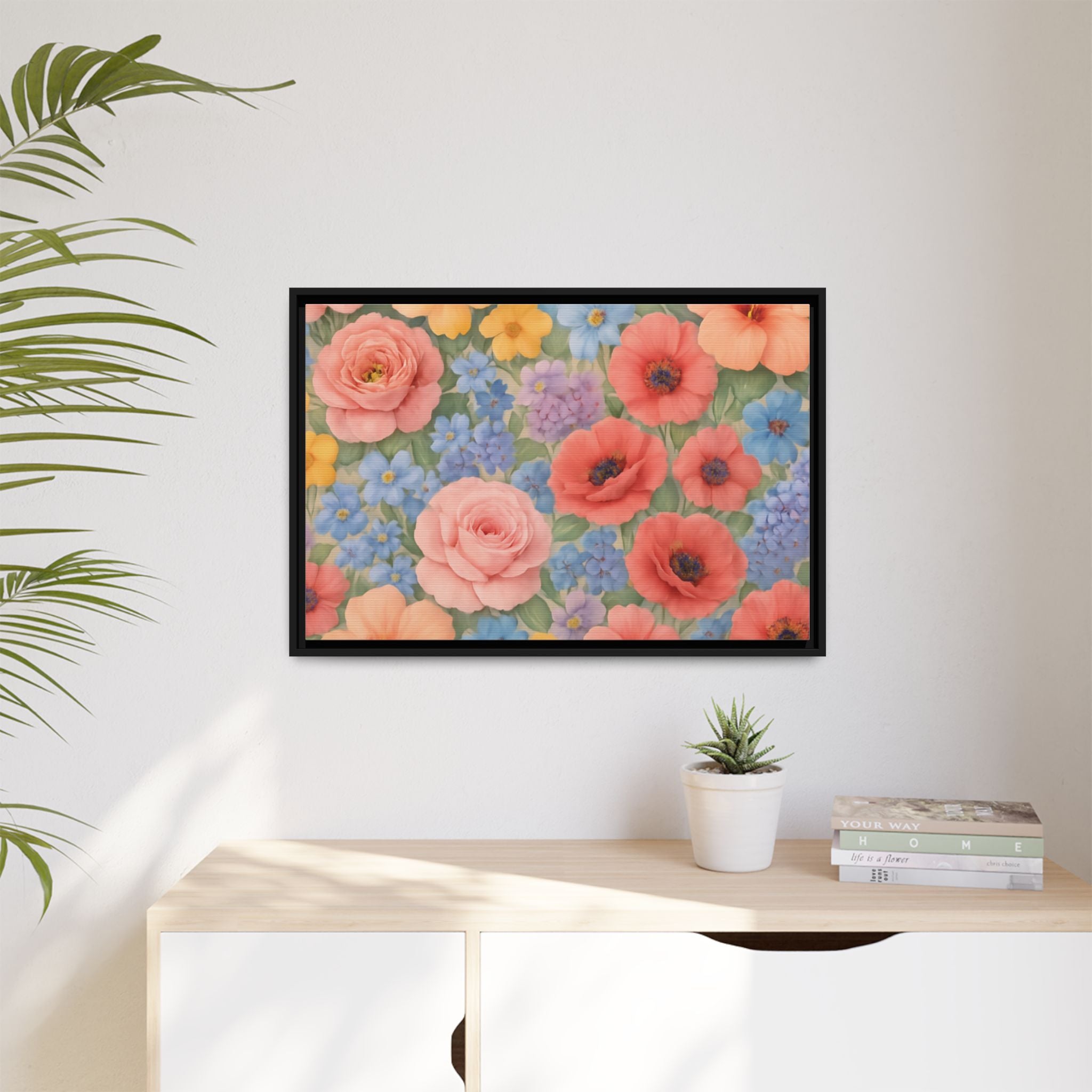 Luxury Framed Floral Canvas – Bold Multi-Color Botanical Wall Art, Elegant Nature-Inspired Accent for Living Room, Bedroom, or Office Décor Gift for Mom